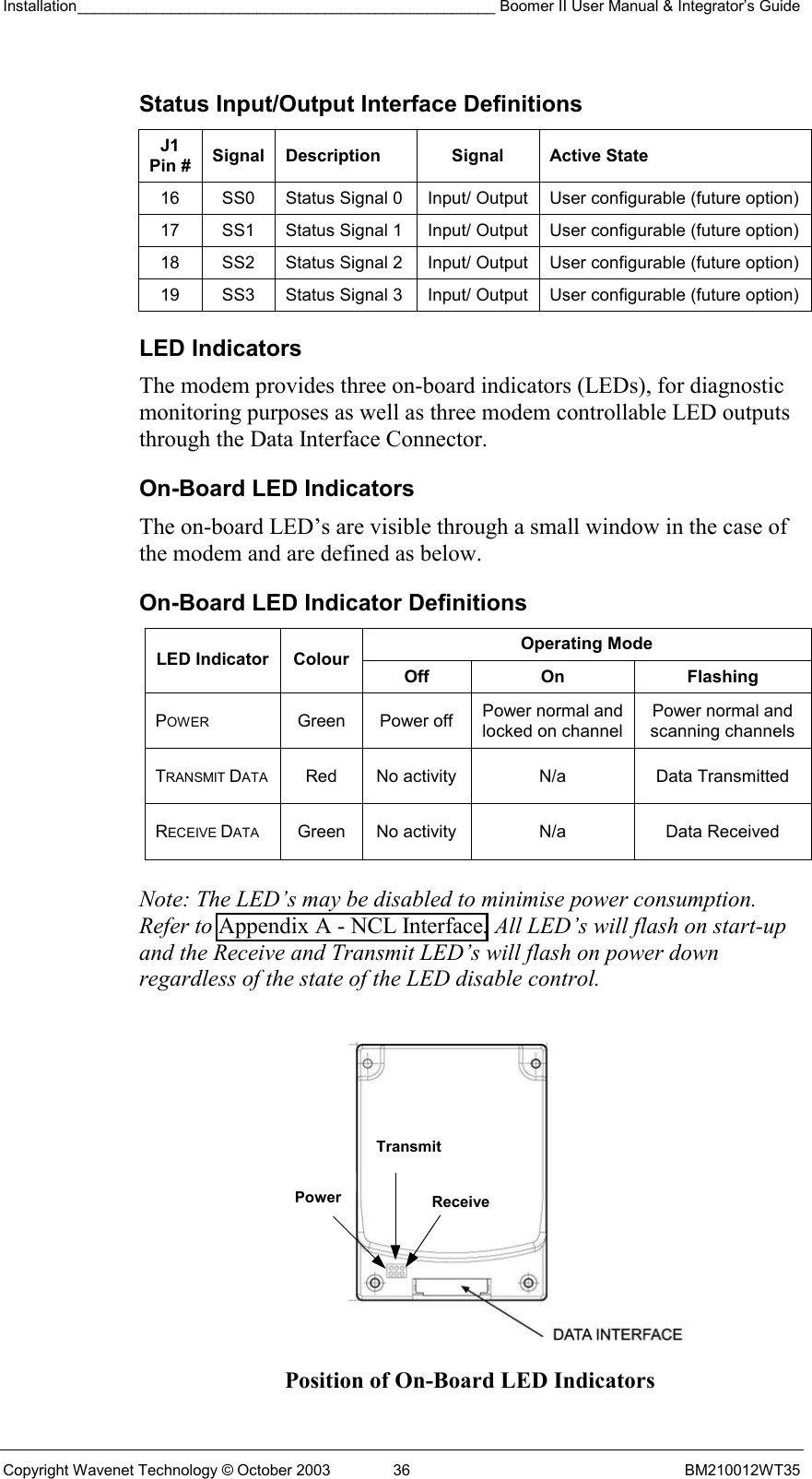 Installation_________________________________________________ Boomer II User Manual &amp; Integrator’s Guide  Copyright Wavenet Technology © October 2003  36  BM210012WT35 Status Input/Output Interface Definitions J1 Pin #  Signal Description  Signal  Active State 16  SS0  Status Signal 0  Input/ Output  User configurable (future option) 17  SS1  Status Signal 1  Input/ Output  User configurable (future option) 18  SS2  Status Signal 2  Input/ Output  User configurable (future option) 19  SS3  Status Signal 3  Input/ Output  User configurable (future option) LED Indicators The modem provides three on-board indicators (LEDs), for diagnostic monitoring purposes as well as three modem controllable LED outputs through the Data Interface Connector.  On-Board LED Indicators The on-board LED’s are visible through a small window in the case of the modem and are defined as below. On-Board LED Indicator Definitions Operating Mode LED Indicator  Colour Off On  Flashing POWER Green Power off Power normal and locked on channel Power normal and scanning channels TRANSMIT DATA  Red  No activity  N/a  Data Transmitted RECEIVE DATA  Green  No activity  N/a  Data Received  Note: The LED’s may be disabled to minimise power consumption. Refer to Appendix A - NCL Interface. All LED’s will flash on start-up and the Receive and Transmit LED’s will flash on power down regardless of the state of the LED disable control.    Position of On-Board LED Indicators Power  ReceiveTransmit 