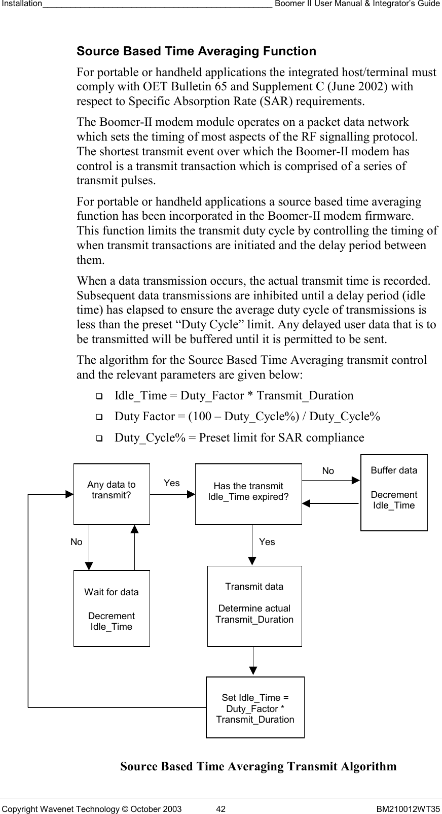 Installation_________________________________________________ Boomer II User Manual &amp; Integrator’s Guide  Copyright Wavenet Technology © October 2003  42  BM210012WT35 Source Based Time Averaging Function For portable or handheld applications the integrated host/terminal must comply with OET Bulletin 65 and Supplement C (June 2002) with respect to Specific Absorption Rate (SAR) requirements.  The Boomer-II modem module operates on a packet data network which sets the timing of most aspects of the RF signalling protocol. The shortest transmit event over which the Boomer-II modem has control is a transmit transaction which is comprised of a series of transmit pulses. For portable or handheld applications a source based time averaging function has been incorporated in the Boomer-II modem firmware. This function limits the transmit duty cycle by controlling the timing of when transmit transactions are initiated and the delay period between them. When a data transmission occurs, the actual transmit time is recorded. Subsequent data transmissions are inhibited until a delay period (idle time) has elapsed to ensure the average duty cycle of transmissions is less than the preset “Duty Cycle” limit. Any delayed user data that is to be transmitted will be buffered until it is permitted to be sent. The algorithm for the Source Based Time Averaging transmit control and the relevant parameters are given below:   Idle_Time = Duty_Factor * Transmit_Duration   Duty Factor = (100 – Duty_Cycle%) / Duty_Cycle%   Duty_Cycle% = Preset limit for SAR compliance  Source Based Time Averaging Transmit Algorithm No Yes No  Wait for data  Decrement Idle_Time  Transmit data   Determine actual Transmit_DurationBuffer data  Decrement Idle_Time Yes  Has the transmit Idle_Time expired? Set Idle_Time = Duty_Factor * Transmit_Duration Any data to transmit? 