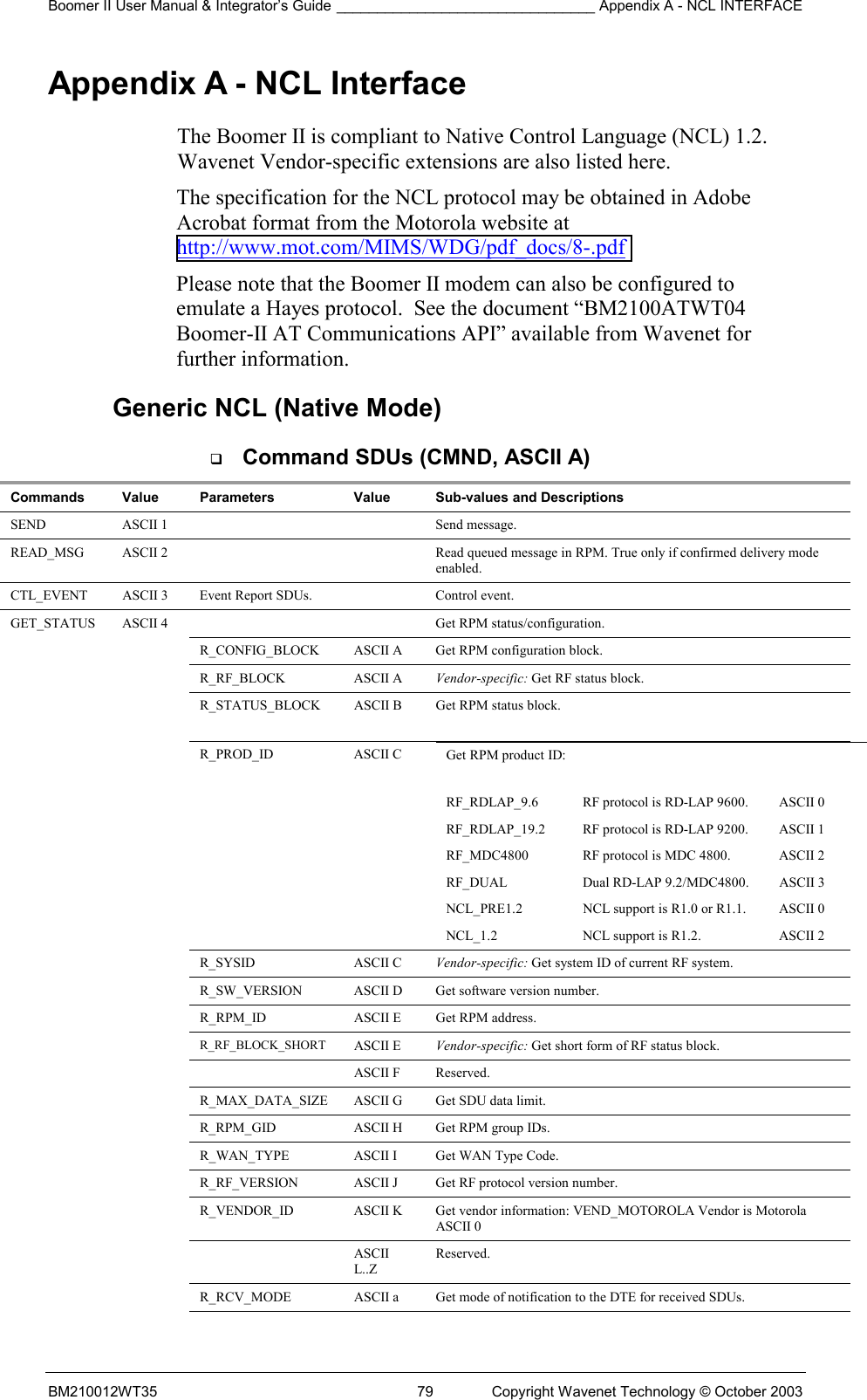 Boomer II User Manual &amp; Integrator’s Guide ________________________________ Appendix A - NCL INTERFACE  BM210012WT35  79  Copyright Wavenet Technology © October 2003 Appendix A - NCL Interface The Boomer II is compliant to Native Control Language (NCL) 1.2. Wavenet Vendor-specific extensions are also listed here.  The specification for the NCL protocol may be obtained in Adobe Acrobat format from the Motorola website at http://www.mot.com/MIMS/WDG/pdf_docs/8-.pdf Please note that the Boomer II modem can also be configured to emulate a Hayes protocol.  See the document “BM2100ATWT04 Boomer-II AT Communications API” available from Wavenet for further information. Generic NCL (Native Mode)   Command SDUs (CMND, ASCII A) Commands  Value  Parameters  Value  Sub-values and Descriptions SEND  ASCII 1      Send message. READ_MSG  ASCII 2      Read queued message in RPM. True only if confirmed delivery mode enabled. CTL_EVENT  ASCII 3  Event Report SDUs.    Control event. GET_STATUS  ASCII 4      Get RPM status/configuration.     R_CONFIG_BLOCK  ASCII A  Get RPM configuration block.   R_RF_BLOCK ASCII A Vendor-specific: Get RF status block.     R_STATUS_BLOCK  ASCII B  Get RPM status block.    R_PROD_ID ASCII C Get RPM product ID:  RF_RDLAP_9.6  RF protocol is RD-LAP 9600.  ASCII 0 RF_RDLAP_19.2  RF protocol is RD-LAP 9200.  ASCII 1 RF_MDC4800  RF protocol is MDC 4800.  ASCII 2 RF_DUAL  Dual RD-LAP 9.2/MDC4800. ASCII 3 NCL_PRE1.2  NCL support is R1.0 or R1.1.  ASCII 0 NCL_1.2  NCL support is R1.2.  ASCII 2    R_SYSID ASCII C Vendor-specific: Get system ID of current RF system.     R_SW_VERSION  ASCII D  Get software version number.     R_RPM_ID  ASCII E  Get RPM address.   R_RF_BLOCK_SHORT  ASCII E  Vendor-specific: Get short form of RF status block.     ASCII F Reserved.     R_MAX_DATA_SIZE  ASCII G  Get SDU data limit.     R_RPM_GID  ASCII H  Get RPM group IDs.     R_WAN_TYPE  ASCII I  Get WAN Type Code.     R_RF_VERSION  ASCII J  Get RF protocol version number.     R_VENDOR_ID  ASCII K  Get vendor information: VEND_MOTOROLA Vendor is Motorola ASCII 0     ASCII L..Z Reserved.     R_RCV_MODE  ASCII a  Get mode of notification to the DTE for received SDUs. 