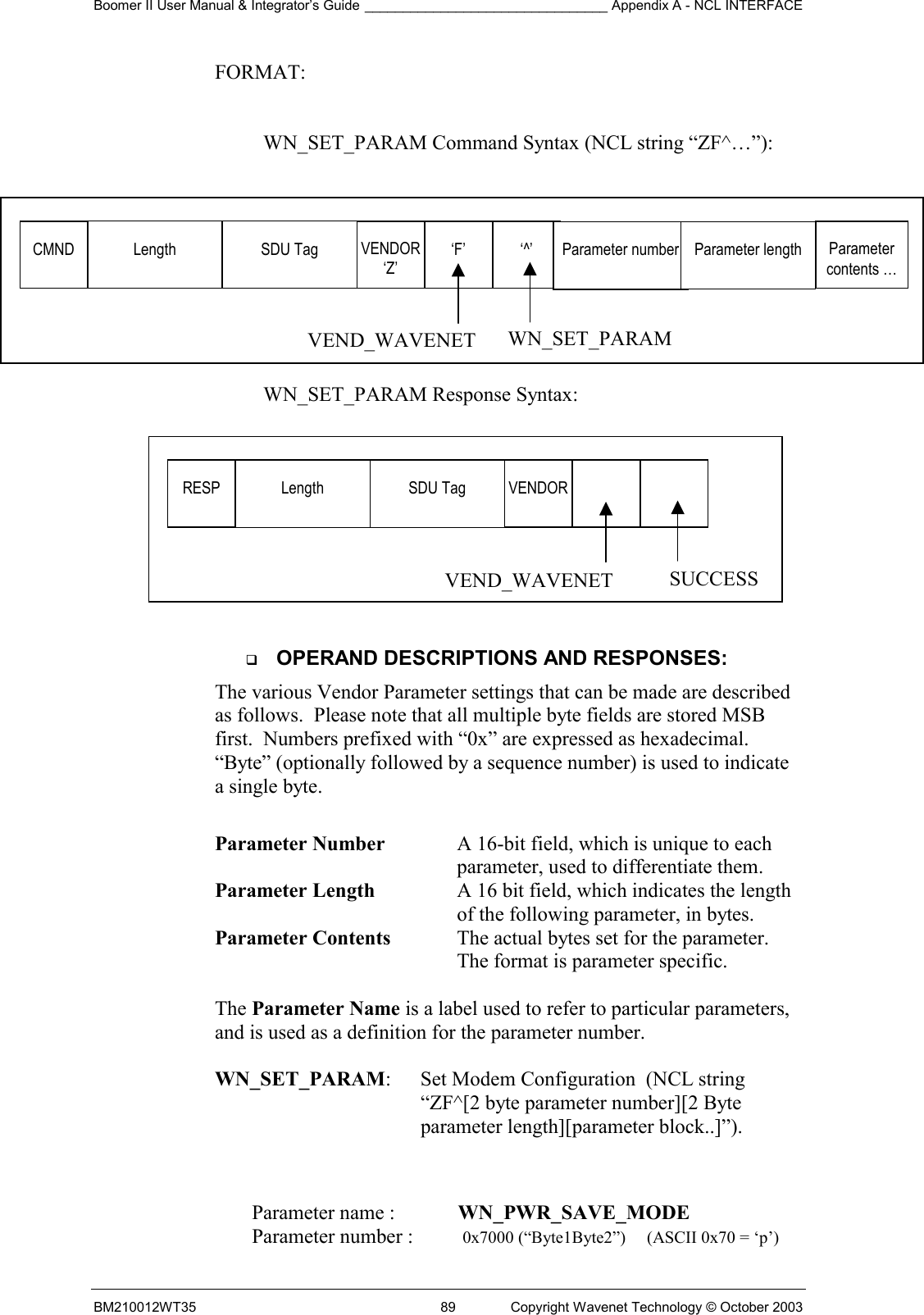 Boomer II User Manual &amp; Integrator’s Guide ________________________________ Appendix A - NCL INTERFACE  BM210012WT35  89  Copyright Wavenet Technology © October 2003 FORMAT:    WN_SET_PARAM Command Syntax (NCL string “ZF^…”):   WN_SET_PARAM Response Syntax:     OPERAND DESCRIPTIONS AND RESPONSES: The various Vendor Parameter settings that can be made are described as follows.  Please note that all multiple byte fields are stored MSB first.  Numbers prefixed with “0x” are expressed as hexadecimal.  “Byte” (optionally followed by a sequence number) is used to indicate a single byte.  Parameter Number  A 16-bit field, which is unique to each parameter, used to differentiate them. Parameter Length  A 16 bit field, which indicates the length of the following parameter, in bytes. Parameter Contents  The actual bytes set for the parameter.  The format is parameter specific.  The Parameter Name is a label used to refer to particular parameters, and is used as a definition for the parameter number.  WN_SET_PARAM:  Set Modem Configuration  (NCL string “ZF^[2 byte parameter number][2 Byte parameter length][parameter block..]”).     Parameter name :  WN_PWR_SAVE_MODE Parameter number :  0x7000 (“Byte1Byte2”)   (ASCII 0x70 = ‘p’) RESP  Length  SDU Tag  VENDOR    SUCCESS VEND_WAVENETCMND  Length  SDU Tag  VENDOR‘Z’ ‘F’  ‘^’ WN_SET_PARAM VEND_WAVENETParameter number  Parameter length  Parameter contents … 