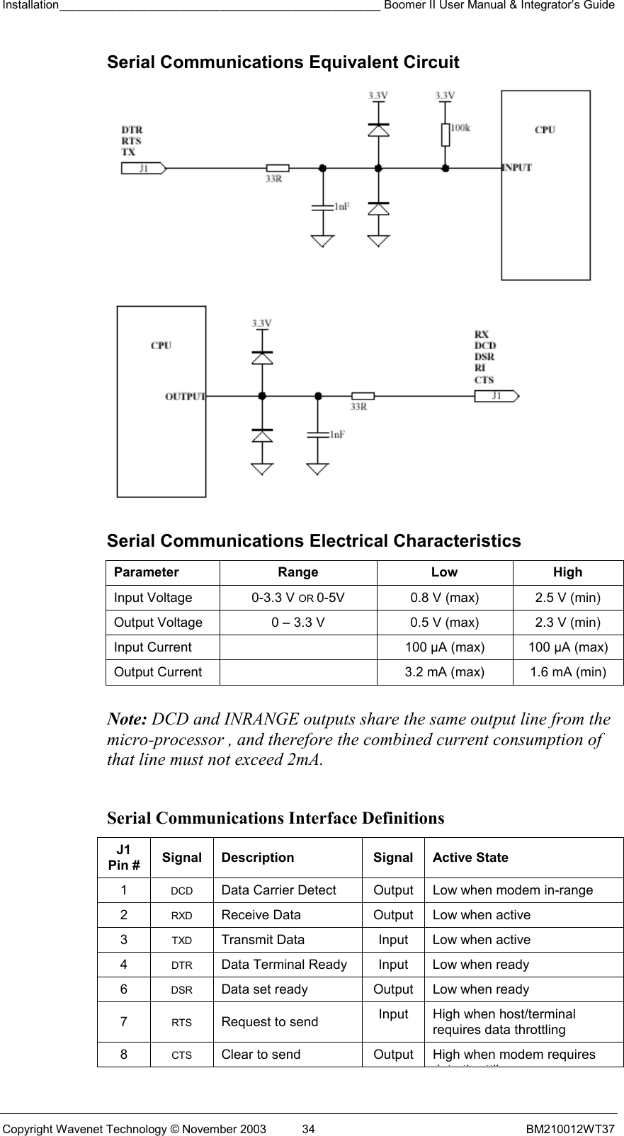 Installation_________________________________________________ Boomer II User Manual &amp; Integrator’s Guide  Copyright Wavenet Technology © November 2003  34  BM210012WT37 Serial Communications Equivalent Circuit   Serial Communications Electrical Characteristics Parameter Range  Low High Input Voltage  0-3.3 V OR 0-5V  0.8 V (max)  2.5 V (min) Output Voltage  0 – 3.3 V  0.5 V (max)  2.3 V (min) Input Current    100 µA (max)  100 µA (max) Output Current    3.2 mA (max)  1.6 mA (min)   Note: DCD and INRANGE outputs share the same output line from the micro-processor , and therefore the combined current consumption of that line must not exceed 2mA.  Serial Communications Interface Definitions J1 Pin #  Signal Description  Signal Active State 1  DCD  Data Carrier Detect  Output  Low when modem in-range 2  RXD  Receive Data  Output  Low when active 3  TXD  Transmit Data  Input  Low when active 4  DTR  Data Terminal Ready  Input  Low when ready 6  DSR  Data set ready  Output  Low when ready 7  RTS  Request to send  Input  High when host/terminal requires data throttling 8  CTS  Clear to send  Output  High when modem requires d t th ttli