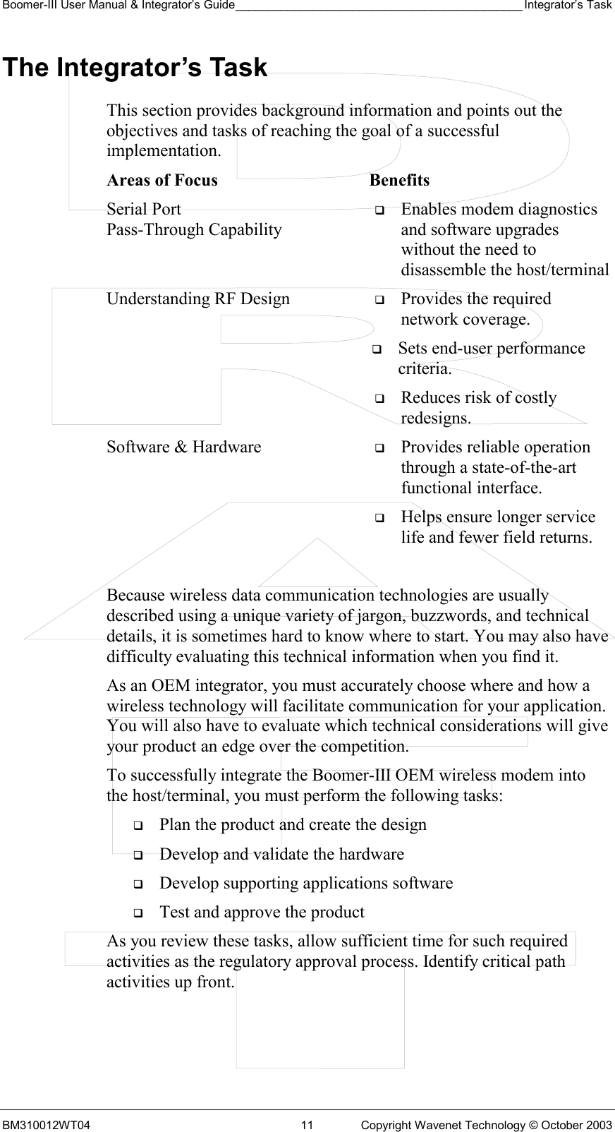 Boomer-III User Manual &amp; Integrator’s Guide____________________________________________ Integrator’s Task BM310012WT04  11  Copyright Wavenet Technology © October 2003 The Integrator’s Task This section provides background information and points out the objectives and tasks of reaching the goal of a successful implementation. Areas of Focus  Benefits Serial Port  Pass-Through Capability   Enables modem diagnostics and software upgrades without the need to disassemble the host/terminal Understanding RF Design    Provides the required network coverage.    Sets end-user performance criteria.    Reduces risk of costly redesigns. Software &amp; Hardware    Provides reliable operation through a state-of-the-art functional interface.    Helps ensure longer service life and fewer field returns.  Because wireless data communication technologies are usually described using a unique variety of jargon, buzzwords, and technical details, it is sometimes hard to know where to start. You may also have difficulty evaluating this technical information when you find it. As an OEM integrator, you must accurately choose where and how a wireless technology will facilitate communication for your application. You will also have to evaluate which technical considerations will give your product an edge over the competition. To successfully integrate the Boomer-III OEM wireless modem into the host/terminal, you must perform the following tasks:   Plan the product and create the design   Develop and validate the hardware   Develop supporting applications software   Test and approve the product As you review these tasks, allow sufficient time for such required activities as the regulatory approval process. Identify critical path activities up front. 