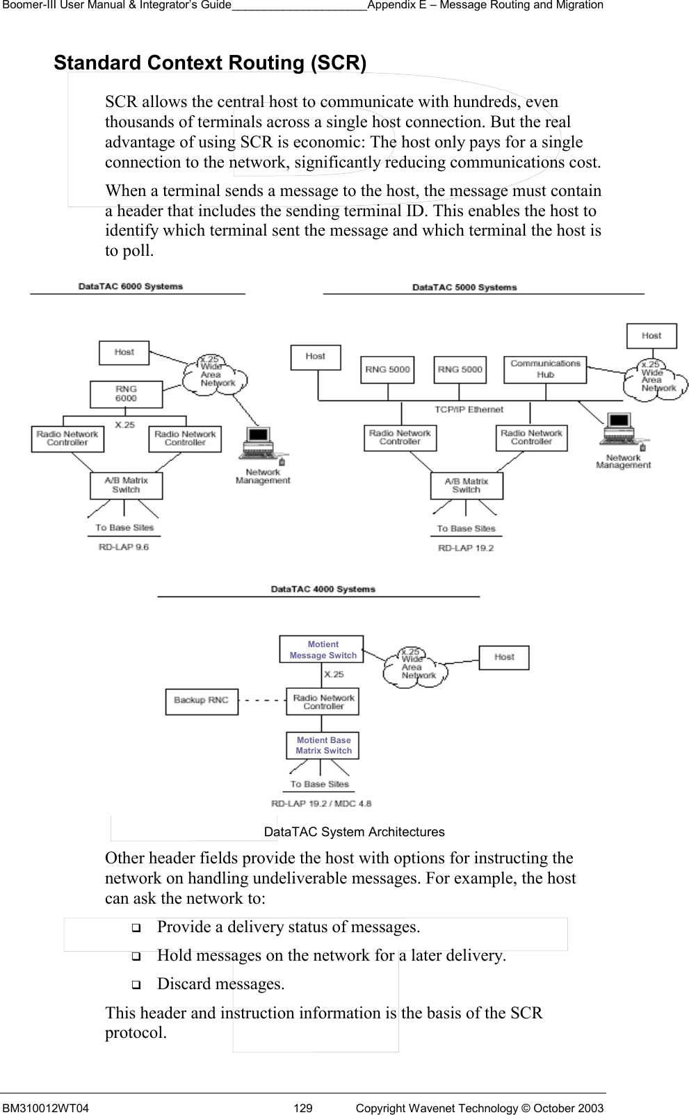 Boomer-III User Manual &amp; Integrator’s Guide_____________________Appendix E – Message Routing and Migration BM310012WT04  129  Copyright Wavenet Technology © October 2003 Standard Context Routing (SCR) SCR allows the central host to communicate with hundreds, even thousands of terminals across a single host connection. But the real advantage of using SCR is economic: The host only pays for a single connection to the network, significantly reducing communications cost. When a terminal sends a message to the host, the message must contain a header that includes the sending terminal ID. This enables the host to identify which terminal sent the message and which terminal the host is to poll.  DataTAC System Architectures Other header fields provide the host with options for instructing the network on handling undeliverable messages. For example, the host can ask the network to:   Provide a delivery status of messages.   Hold messages on the network for a later delivery.   Discard messages. This header and instruction information is the basis of the SCR protocol. Motient Message SwitchMotient Base Matrix Switch