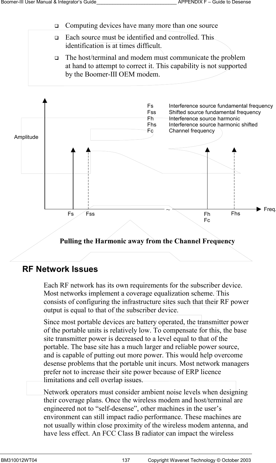Boomer-III User Manual &amp; Integrator’s Guide______________________________ APPENDIX F – Guide to Desense BM310012WT04  137  Copyright Wavenet Technology © October 2003   Computing devices have many more than one source   Each source must be identified and controlled. This identification is at times difficult.   The host/terminal and modem must communicate the problem at hand to attempt to correct it. This capability is not supported by the Boomer-III OEM modem.              Pulling the Harmonic away from the Channel Frequency  RF Network Issues Each RF network has its own requirements for the subscriber device. Most networks implement a coverage equalization scheme. This consists of configuring the infrastructure sites such that their RF power output is equal to that of the subscriber device. Since most portable devices are battery operated, the transmitter power of the portable units is relatively low. To compensate for this, the base site transmitter power is decreased to a level equal to that of the portable. The base site has a much larger and reliable power source, and is capable of putting out more power. This would help overcome desense problems that the portable unit incurs. Most network managers prefer not to increase their site power because of ERP licence limitations and cell overlap issues. Network operators must consider ambient noise levels when designing their coverage plans. Once the wireless modem and host/terminal are engineered not to “self-desense”, other machines in the user’s environment can still impact radio performance. These machines are not usually within close proximity of the wireless modem antenna, and have less effect. An FCC Class B radiator can impact the wireless ~Amplitude Fs  Fss  Fh Fc Fhs  Freq. Fs  Interference source fundamental frequencyFss  Shifted source fundamental frequency Fh  Interference source harmonic Fhs  Interference source harmonic shifted Fc Channel frequency 