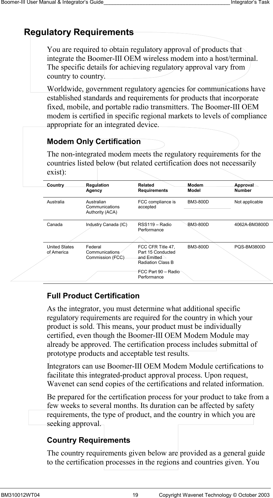 Boomer-III User Manual &amp; Integrator’s Guide____________________________________________ Integrator’s Task BM310012WT04  19  Copyright Wavenet Technology © October 2003 Regulatory Requirements You are required to obtain regulatory approval of products that integrate the Boomer-III OEM wireless modem into a host/terminal. The specific details for achieving regulatory approval vary from country to country. Worldwide, government regulatory agencies for communications have established standards and requirements for products that incorporate fixed, mobile, and portable radio transmitters. The Boomer-III OEM modem is certified in specific regional markets to levels of compliance appropriate for an integrated device. Modem Only Certification The non-integrated modem meets the regulatory requirements for the countries listed below (but related certification does not necessarily exist): Country Regulation Agency Related Requirements Modem Model Approval Number BM3-800D Australia Australian Communications Authority (ACA) FCC compliance is accepted  Not applicable BM3-800D 4062A-BM3800D Canada  Industry Canada (IC)  RSS119 – Radio Performance   BM3-800D PQS-BM3800D United States of America Federal Communications Commission (FCC) FCC CFR Title 47, Part 15 Conducted and Emitted Radiation Class B FCC Part 90 – Radio Performance   Full Product Certification As the integrator, you must determine what additional specific regulatory requirements are required for the country in which your product is sold. This means, your product must be individually certified, even though the Boomer-III OEM Modem Module may already be approved. The certification process includes submittal of prototype products and acceptable test results. Integrators can use Boomer-III OEM Modem Module certifications to facilitate this integrated-product approval process. Upon request, Wavenet can send copies of the certifications and related information.  Be prepared for the certification process for your product to take from a few weeks to several months. Its duration can be affected by safety requirements, the type of product, and the country in which you are seeking approval. Country Requirements The country requirements given below are provided as a general guide to the certification processes in the regions and countries given. You 