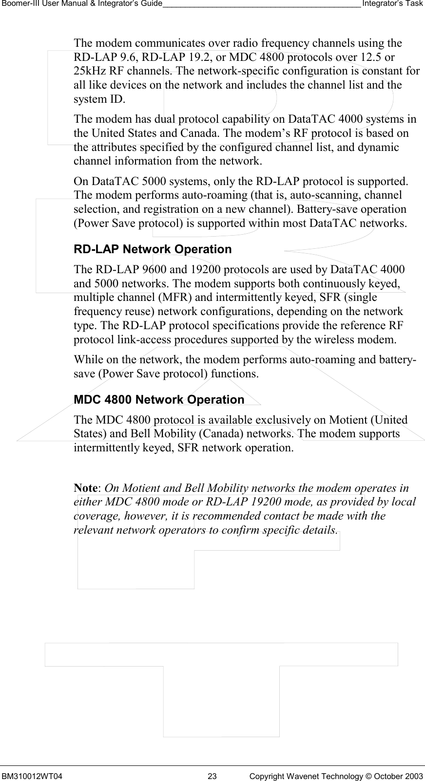 Boomer-III User Manual &amp; Integrator’s Guide____________________________________________ Integrator’s Task BM310012WT04  23  Copyright Wavenet Technology © October 2003 The modem communicates over radio frequency channels using the RD-LAP 9.6, RD-LAP 19.2, or MDC 4800 protocols over 12.5 or 25kHz RF channels. The network-specific configuration is constant for all like devices on the network and includes the channel list and the system ID. The modem has dual protocol capability on DataTAC 4000 systems in the United States and Canada. The modem’s RF protocol is based on the attributes specified by the configured channel list, and dynamic channel information from the network. On DataTAC 5000 systems, only the RD-LAP protocol is supported. The modem performs auto-roaming (that is, auto-scanning, channel selection, and registration on a new channel). Battery-save operation (Power Save protocol) is supported within most DataTAC networks. RD-LAP Network Operation The RD-LAP 9600 and 19200 protocols are used by DataTAC 4000 and 5000 networks. The modem supports both continuously keyed, multiple channel (MFR) and intermittently keyed, SFR (single frequency reuse) network configurations, depending on the network type. The RD-LAP protocol specifications provide the reference RF protocol link-access procedures supported by the wireless modem. While on the network, the modem performs auto-roaming and battery-save (Power Save protocol) functions. MDC 4800 Network Operation The MDC 4800 protocol is available exclusively on Motient (United States) and Bell Mobility (Canada) networks. The modem supports intermittently keyed, SFR network operation.  Note: On Motient and Bell Mobility networks the modem operates in either MDC 4800 mode or RD-LAP 19200 mode, as provided by local coverage, however, it is recommended contact be made with the relevant network operators to confirm specific details.   