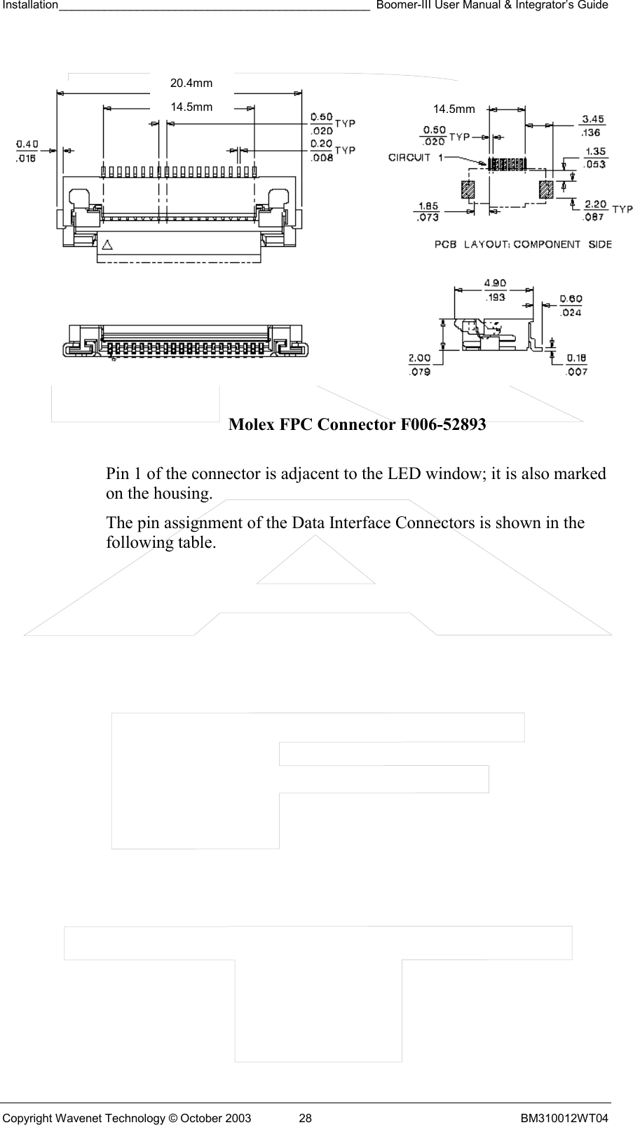 Installation________________________________________________ Boomer-III User Manual &amp; Integrator’s Guide  Copyright Wavenet Technology © October 2003  28  BM310012WT04  Molex FPC Connector F006-52893  Pin 1 of the connector is adjacent to the LED window; it is also marked on the housing. The pin assignment of the Data Interface Connectors is shown in the following table.  20.4mm 14.5mm14.5mm