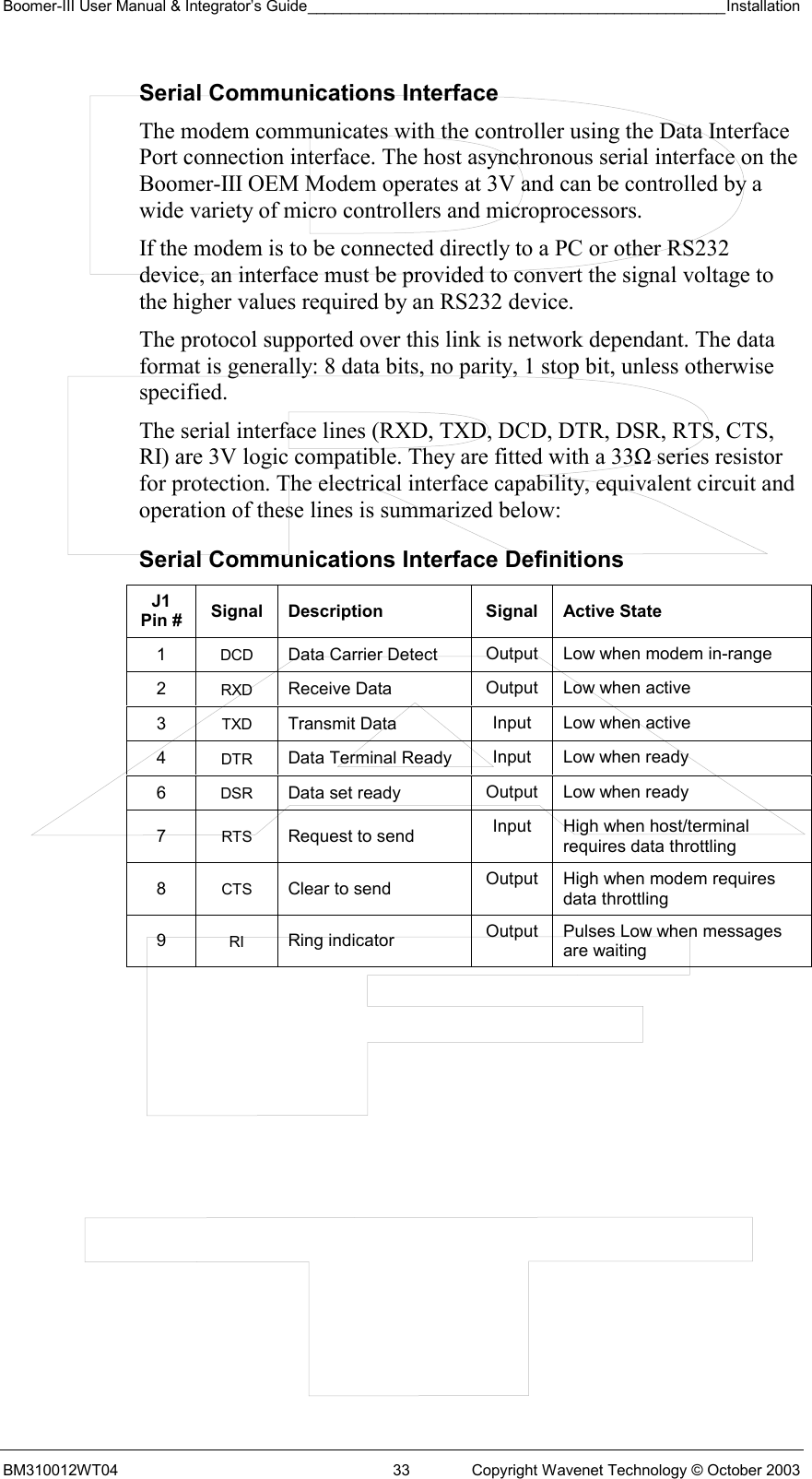 Boomer-III User Manual &amp; Integrator’s Guide_________________________________________________Installation  BM310012WT04  33  Copyright Wavenet Technology © October 2003 Serial Communications Interface The modem communicates with the controller using the Data Interface Port connection interface. The host asynchronous serial interface on the Boomer-III OEM Modem operates at 3V and can be controlled by a wide variety of micro controllers and microprocessors.  If the modem is to be connected directly to a PC or other RS232 device, an interface must be provided to convert the signal voltage to the higher values required by an RS232 device. The protocol supported over this link is network dependant. The data format is generally: 8 data bits, no parity, 1 stop bit, unless otherwise specified. The serial interface lines (RXD, TXD, DCD, DTR, DSR, RTS, CTS, RI) are 3V logic compatible. They are fitted with a 33Ω series resistor for protection. The electrical interface capability, equivalent circuit and operation of these lines is summarized below: Serial Communications Interface Definitions J1 Pin #  Signal Description  Signal Active State 1  DCD Data Carrier Detect  Output  Low when modem in-range 2  RXD Receive Data  Output  Low when active 3  TXD Transmit Data  Input  Low when active 4  DTR Data Terminal Ready  Input  Low when ready 6  DSR Data set ready  Output  Low when ready 7  RTS Request to send  Input  High when host/terminal requires data throttling 8  CTS Clear to send  Output  High when modem requires data throttling 9  RI Ring indicator  Output  Pulses Low when messages are waiting  