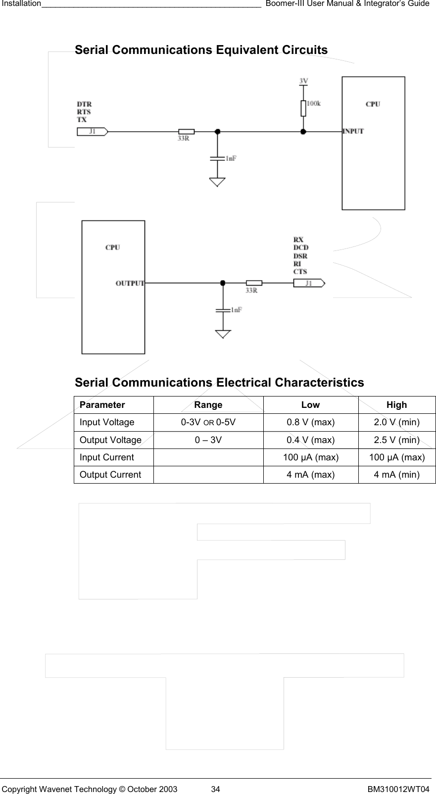 Installation________________________________________________ Boomer-III User Manual &amp; Integrator’s Guide  Copyright Wavenet Technology © October 2003  34  BM310012WT04 Serial Communications Equivalent Circuits                Serial Communications Electrical Characteristics Parameter Range  Low High Input Voltage  0-3V OR 0-5V  0.8 V (max)  2.0 V (min) Output Voltage  0 – 3V  0.4 V (max)  2.5 V (min) Input Current    100 µA (max)  100 µA (max) Output Current    4 mA (max)  4 mA (min)   