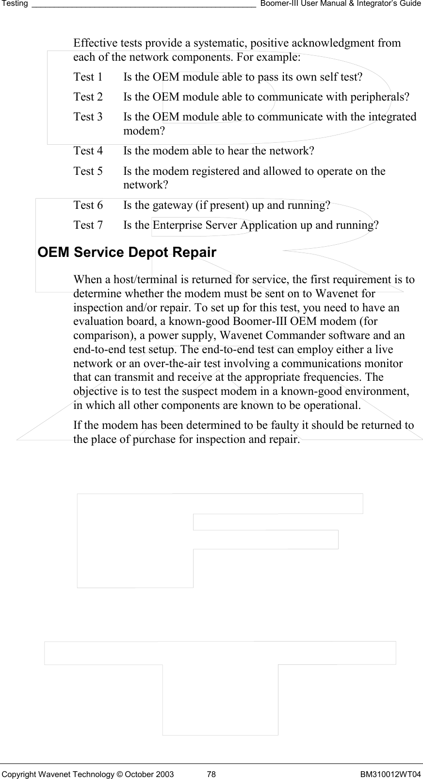 Testing __________________________________________________ Boomer-III User Manual &amp; Integrator’s Guide Copyright Wavenet Technology © October 2003  78  BM310012WT04 Effective tests provide a systematic, positive acknowledgment from each of the network components. For example: Test 1   Is the OEM module able to pass its own self test? Test 2   Is the OEM module able to communicate with peripherals? Test 3   Is the OEM module able to communicate with the integrated modem? Test 4   Is the modem able to hear the network? Test 5   Is the modem registered and allowed to operate on the network? Test 6   Is the gateway (if present) up and running? Test 7   Is the Enterprise Server Application up and running? OEM Service Depot Repair When a host/terminal is returned for service, the first requirement is to determine whether the modem must be sent on to Wavenet for inspection and/or repair. To set up for this test, you need to have an evaluation board, a known-good Boomer-III OEM modem (for comparison), a power supply, Wavenet Commander software and an end-to-end test setup. The end-to-end test can employ either a live network or an over-the-air test involving a communications monitor that can transmit and receive at the appropriate frequencies. The objective is to test the suspect modem in a known-good environment, in which all other components are known to be operational.  If the modem has been determined to be faulty it should be returned to the place of purchase for inspection and repair. 