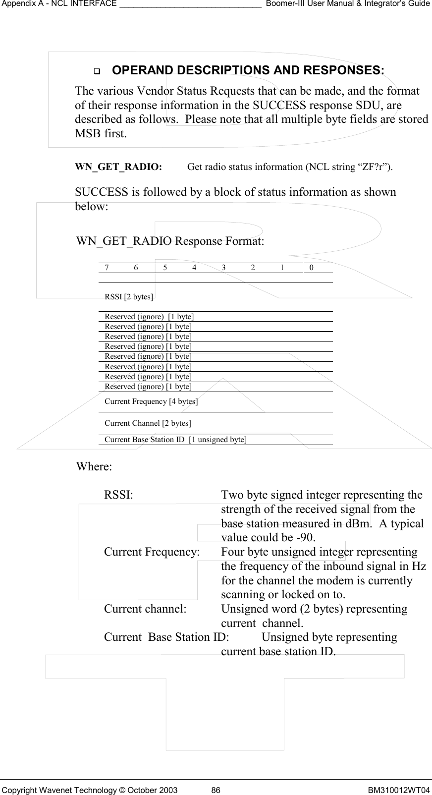 Appendix A - NCL INTERFACE _______________________________ Boomer-III User Manual &amp; Integrator’s Guide Copyright Wavenet Technology © October 2003  86  BM310012WT04    OPERAND DESCRIPTIONS AND RESPONSES: The various Vendor Status Requests that can be made, and the format of their response information in the SUCCESS response SDU, are described as follows.  Please note that all multiple byte fields are stored MSB first.  WN_GET_RADIO:  Get radio status information (NCL string “ZF?r”).  SUCCESS is followed by a block of status information as shown below:   WN_GET_RADIO Response Format:  7 6 5 4 3 2 1 0   RSSI [2 bytes] Reserved (ignore)  [1 byte] Reserved (ignore) [1 byte] Reserved (ignore) [1 byte] Reserved (ignore) [1 byte] Reserved (ignore) [1 byte] Reserved (ignore) [1 byte] Reserved (ignore) [1 byte] Reserved (ignore) [1 byte] Current Frequency [4 bytes] Current Channel [2 bytes] Current Base Station ID  [1 unsigned byte]  Where:  RSSI:  Two byte signed integer representing the strength of the received signal from the base station measured in dBm.  A typical value could be -90. Current Frequency:   Four byte unsigned integer representing the frequency of the inbound signal in Hz for the channel the modem is currently scanning or locked on to. Current channel:  Unsigned word (2 bytes) representing current  channel. Current  Base Station ID:   Unsigned byte representing current base station ID.  