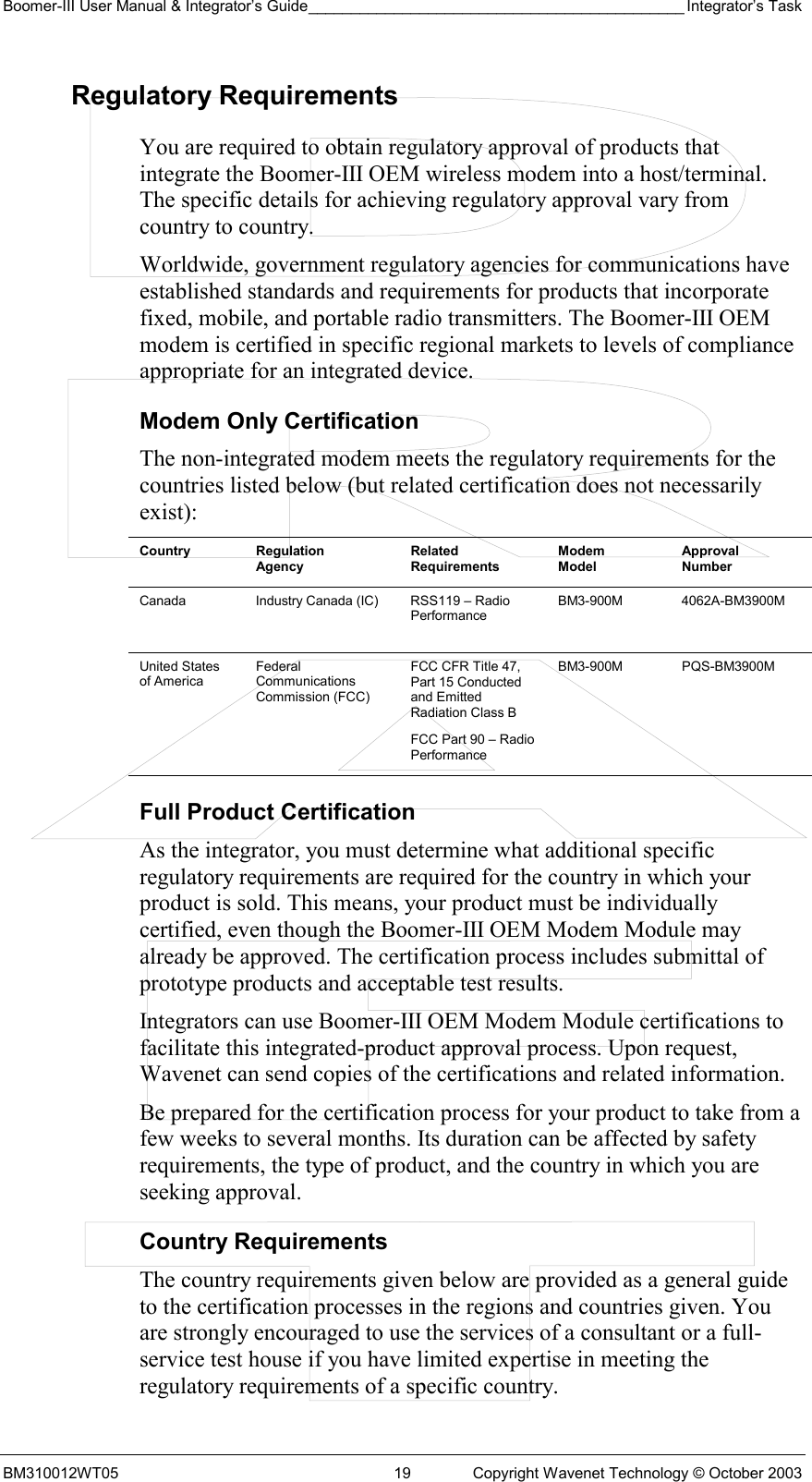 Boomer-III User Manual &amp; Integrator’s Guide____________________________________________ Integrator’s Task BM310012WT05  19  Copyright Wavenet Technology © October 2003 Regulatory Requirements You are required to obtain regulatory approval of products that integrate the Boomer-III OEM wireless modem into a host/terminal. The specific details for achieving regulatory approval vary from country to country. Worldwide, government regulatory agencies for communications have established standards and requirements for products that incorporate fixed, mobile, and portable radio transmitters. The Boomer-III OEM modem is certified in specific regional markets to levels of compliance appropriate for an integrated device. Modem Only Certification The non-integrated modem meets the regulatory requirements for the countries listed below (but related certification does not necessarily exist): Country Regulation Agency Related Requirements Modem Model Approval Number Canada  Industry Canada (IC)  RSS119 – Radio Performance BM3-900M 4062A-BM3900M United States of America Federal Communications Commission (FCC) FCC CFR Title 47, Part 15 Conducted and Emitted Radiation Class B FCC Part 90 – Radio Performance BM3-900M PQS-BM3900M Full Product Certification As the integrator, you must determine what additional specific regulatory requirements are required for the country in which your product is sold. This means, your product must be individually certified, even though the Boomer-III OEM Modem Module may already be approved. The certification process includes submittal of prototype products and acceptable test results. Integrators can use Boomer-III OEM Modem Module certifications to facilitate this integrated-product approval process. Upon request, Wavenet can send copies of the certifications and related information.  Be prepared for the certification process for your product to take from a few weeks to several months. Its duration can be affected by safety requirements, the type of product, and the country in which you are seeking approval. Country Requirements The country requirements given below are provided as a general guide to the certification processes in the regions and countries given. You are strongly encouraged to use the services of a consultant or a full-service test house if you have limited expertise in meeting the regulatory requirements of a specific country. 