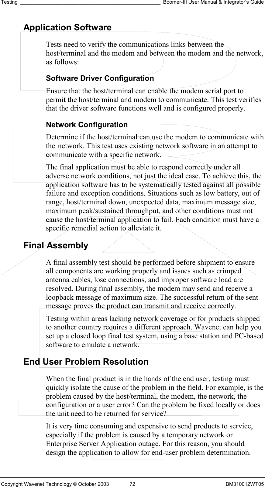 Testing __________________________________________________ Boomer-III User Manual &amp; Integrator’s Guide Copyright Wavenet Technology © October 2003  72  BM310012WT05 Application Software Tests need to verify the communications links between the host/terminal and the modem and between the modem and the network, as follows: Software Driver Configuration Ensure that the host/terminal can enable the modem serial port to permit the host/terminal and modem to communicate. This test verifies that the driver software functions well and is configured properly. Network Configuration Determine if the host/terminal can use the modem to communicate with the  network. This test uses existing network software in an attempt to communicate with a specific network. The final application must be able to respond correctly under all adverse network conditions, not just the ideal case. To achieve this, the application software has to be systematically tested against all possible failure and exception conditions. Situations such as low battery, out of range, host/terminal down, unexpected data, maximum message size, maximum peak/sustained throughput, and other conditions must not cause the host/terminal application to fail. Each condition must have a specific remedial action to alleviate it. Final Assembly A final assembly test should be performed before shipment to ensure all components are working properly and issues such as crimped antenna cables, lose connections, and improper software load are resolved. During final assembly, the modem may send and receive a loopback message of maximum size. The successful return of the sent message proves the product can transmit and receive correctly. Testing within areas lacking network coverage or for products shipped to another country requires a different approach. Wavenet can help you set up a closed loop final test system, using a base station and PC-based software to emulate a network.  End User Problem Resolution When the final product is in the hands of the end user, testing must quickly isolate the cause of the problem in the field. For example, is the problem caused by the host/terminal, the modem, the network, the configuration or a user error? Can the problem be fixed locally or does the unit need to be returned for service? It is very time consuming and expensive to send products to service, especially if the problem is caused by a temporary network or Enterprise Server Application outage. For this reason, you should design the application to allow for end-user problem determination. 