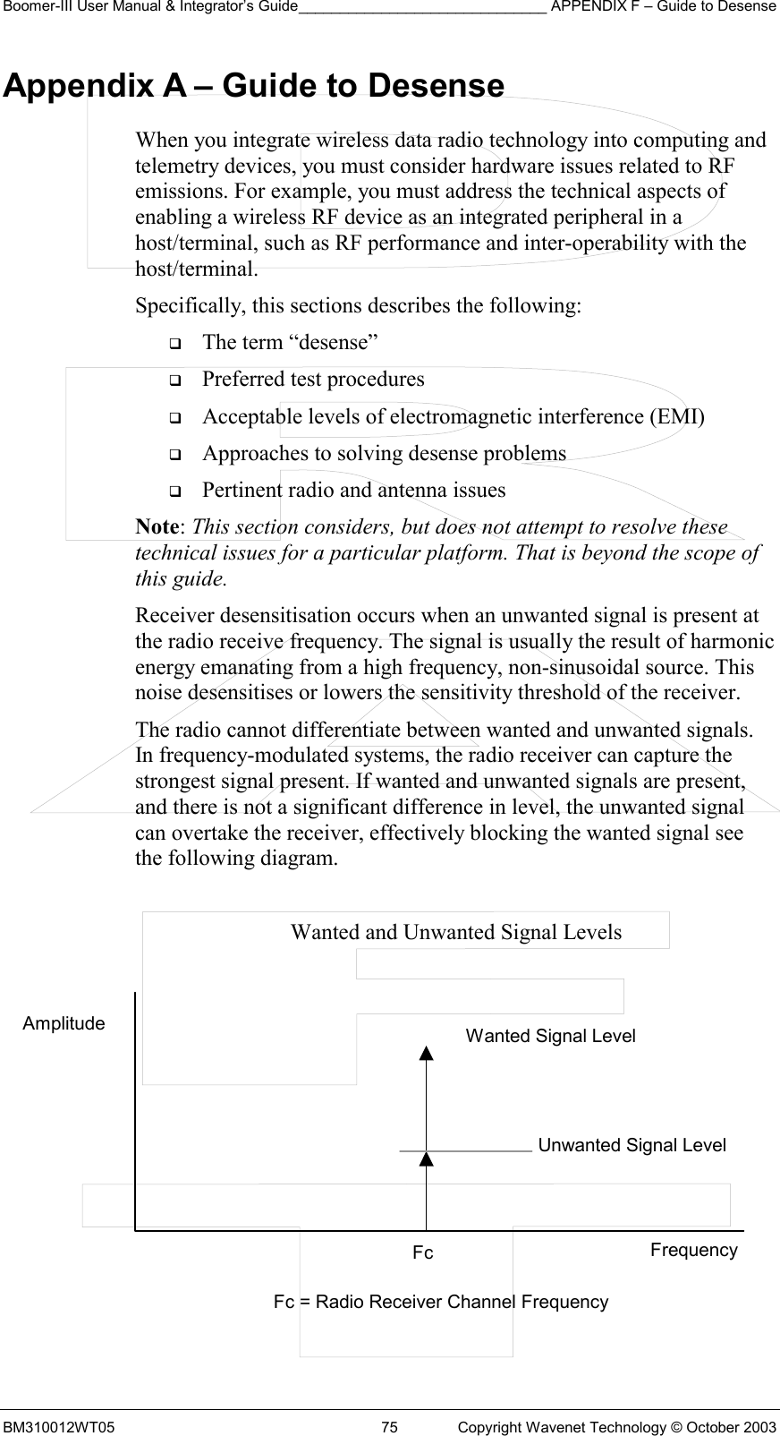 Boomer-III User Manual &amp; Integrator’s Guide______________________________ APPENDIX F – Guide to Desense BM310012WT05  75  Copyright Wavenet Technology © October 2003 Appendix A – Guide to Desense When you integrate wireless data radio technology into computing and telemetry devices, you must consider hardware issues related to RF emissions. For example, you must address the technical aspects of enabling a wireless RF device as an integrated peripheral in a host/terminal, such as RF performance and inter-operability with the host/terminal. Specifically, this sections describes the following:   The term “desense”   Preferred test procedures   Acceptable levels of electromagnetic interference (EMI)   Approaches to solving desense problems   Pertinent radio and antenna issues Note: This section considers, but does not attempt to resolve these technical issues for a particular platform. That is beyond the scope of this guide. Receiver desensitisation occurs when an unwanted signal is present at the radio receive frequency. The signal is usually the result of harmonic energy emanating from a high frequency, non-sinusoidal source. This noise desensitises or lowers the sensitivity threshold of the receiver. The radio cannot differentiate between wanted and unwanted signals. In frequency-modulated systems, the radio receiver can capture the strongest signal present. If wanted and unwanted signals are present, and there is not a significant difference in level, the unwanted signal can overtake the receiver, effectively blocking the wanted signal see the following diagram.  Wanted and Unwanted Signal Levels            Wanted Signal Level Unwanted Signal Level Frequency Fc = Radio Receiver Channel Frequency Fc Amplitude 