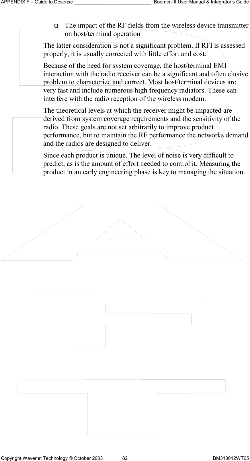 APPENDIX F – Guide to Desense _____________________________ Boomer-III User Manual &amp; Integrator’s Guide Copyright Wavenet Technology © October 2003  82  BM310012WT05   The impact of the RF fields from the wireless device transmitter on host/terminal operation The latter consideration is not a significant problem. If RFI is assessed properly, it is usually corrected with little effort and cost. Because of the need for system coverage, the host/terminal EMI interaction with the radio receiver can be a significant and often elusive problem to characterize and correct. Most host/terminal devices are very fast and include numerous high frequency radiators. These can interfere with the radio reception of the wireless modem. The theoretical levels at which the receiver might be impacted are derived from system coverage requirements and the sensitivity of the radio. These goals are not set arbitrarily to improve product performance, but to maintain the RF performance the networks demand and the radios are designed to deliver. Since each product is unique. The level of noise is very difficult to predict, as is the amount of effort needed to control it. Measuring the product in an early engineering phase is key to managing the situation.          