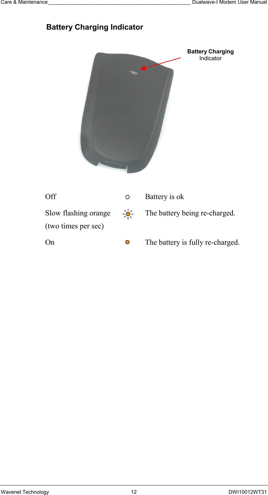 Care &amp; Maintenance __________________________________________________ Dualwave-I Modem User Manual Wavenet Technology  12  DWI10012WT31 Battery Charging Indicator             Off    Battery is ok Slow flashing orange (two times per sec)   The battery being re-charged. On    The battery is fully re-charged.    Battery Charging Indicator 