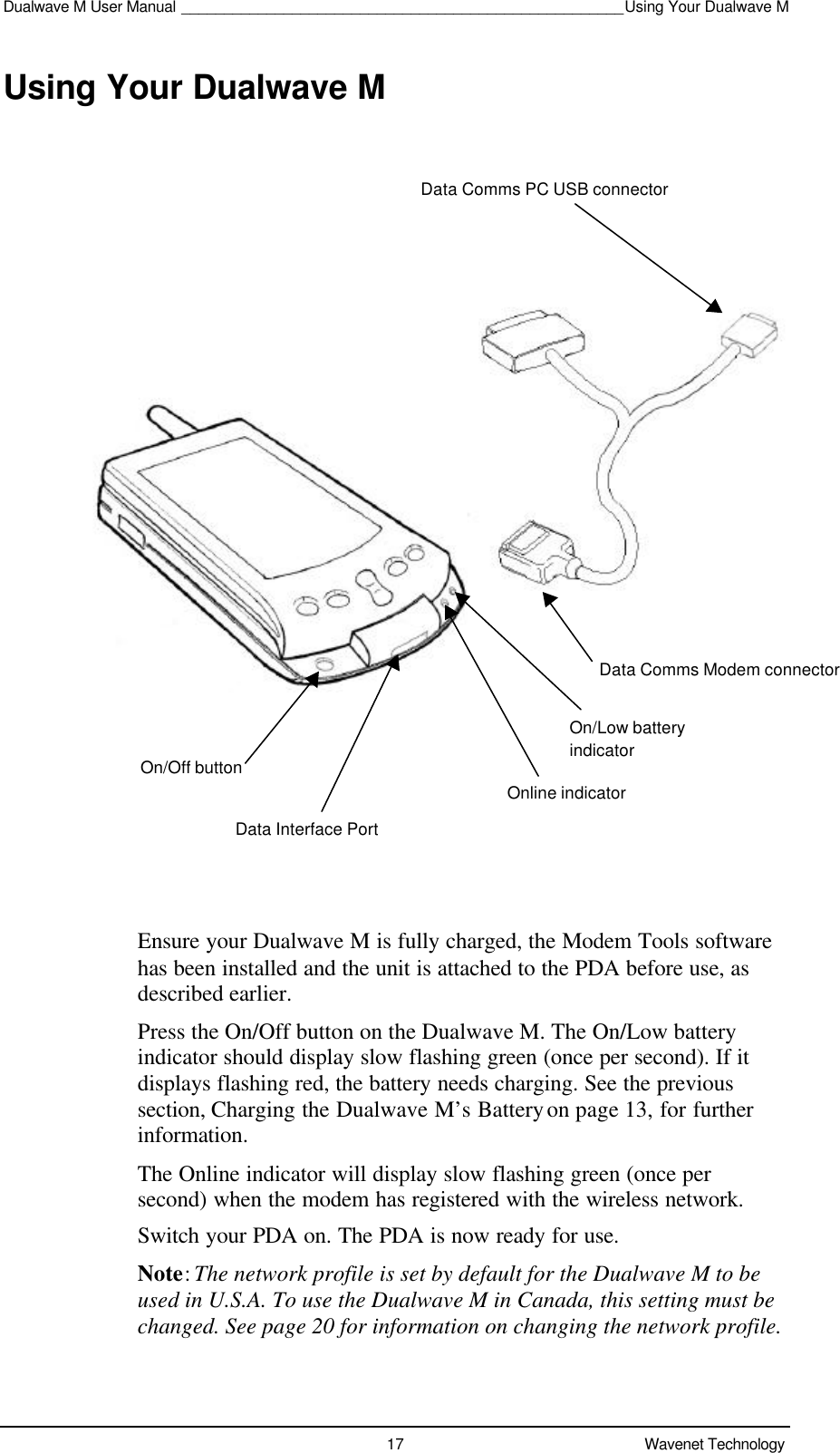 Dualwave M User Manual ____________________________________________________Using Your Dualwave M17 Wavenet TechnologyUsing Your Dualwave MEnsure your Dualwave M is fully charged, the Modem Tools softwarehas been installed and the unit is attached to the PDA before use, asdescribed earlier.Press the On/Off button on the Dualwave M. The On/Low batteryindicator should display slow flashing green (once per second). If itdisplays flashing red, the battery needs charging. See the previoussection, Charging the Dualwave M’s Battery on page 13, for furtherinformation.The Online indicator will display slow flashing green (once persecond) when the modem has registered with the wireless network.Switch your PDA on. The PDA is now ready for use.Note: The network profile is set by default for the Dualwave M to beused in U.S.A. To use the Dualwave M in Canada, this setting must bechanged. See page 20 for information on changing the network profile.On/Off buttonOn/Low batteryindicatorOnline indicatorData Comms Modem connectorData Interface PortData Comms PC USB connector