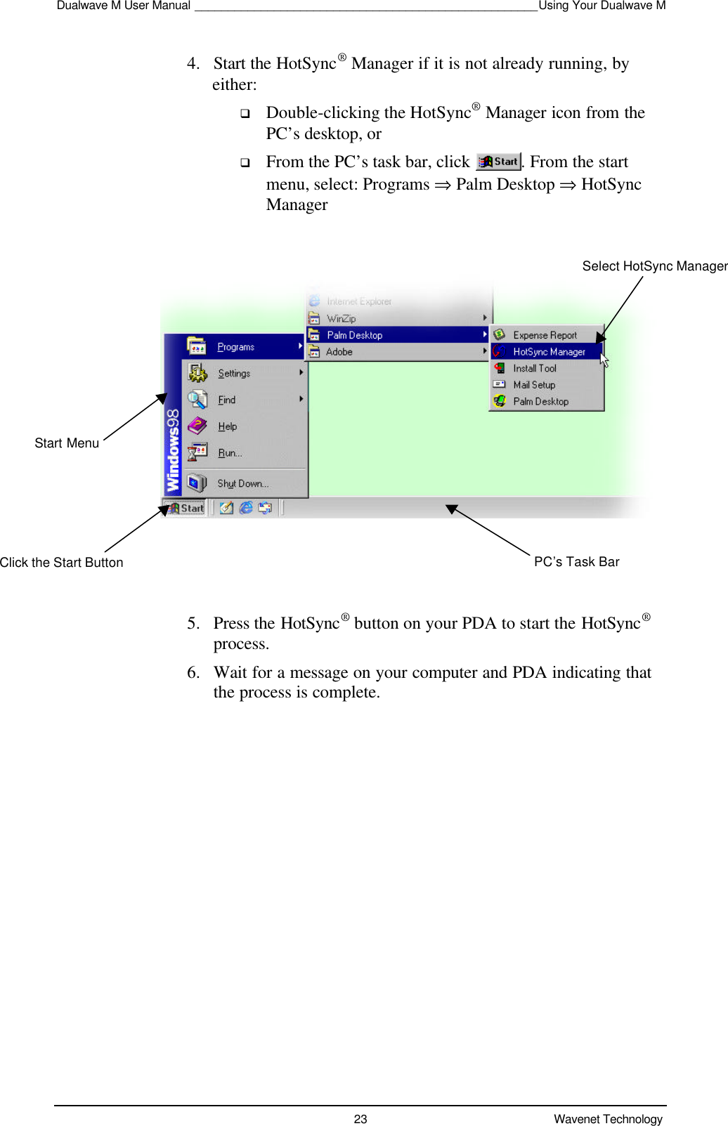 Dualwave M User Manual ____________________________________________________Using Your Dualwave M23 Wavenet Technology4. Start the HotSync® Manager if it is not already running, byeither:q Double-clicking the HotSync® Manager icon from thePC’s desktop, orq From the PC’s task bar, click  . From the startmenu, select: Programs ⇒ Palm Desktop ⇒ HotSyncManager5. Press the HotSync® button on your PDA to start the HotSync®process.6. Wait for a message on your computer and PDA indicating thatthe process is complete.PC’s Task BarClick the Start ButtonSelect HotSync ManagerStart Menu