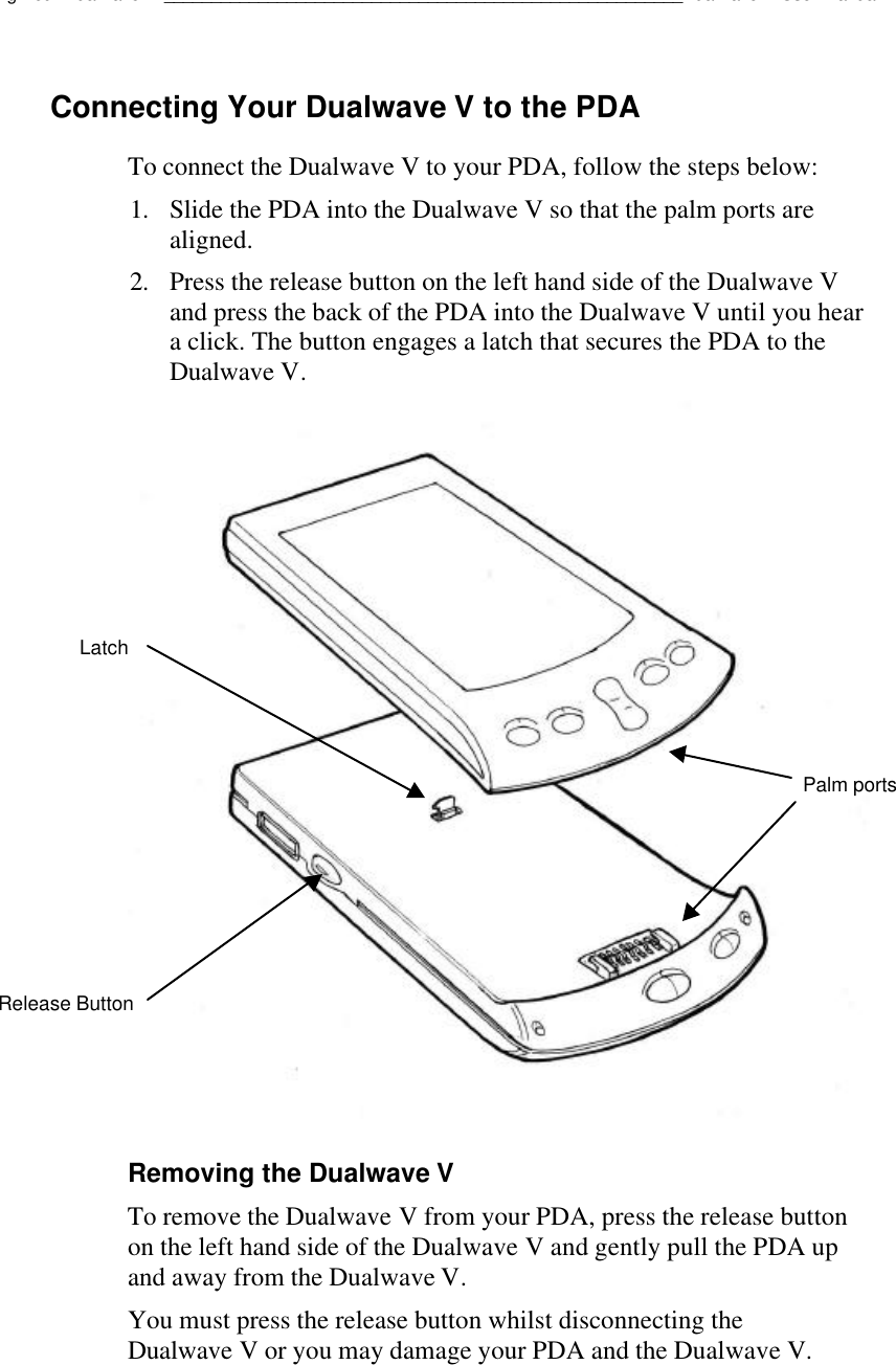 Using Your Dualwave V_______________________________________________________Dualwave V User ManualConnecting Your Dualwave V to the PDATo connect the Dualwave V to your PDA, follow the steps below:1. Slide the PDA into the Dualwave V so that the palm ports arealigned.2. Press the release button on the left hand side of the Dualwave Vand press the back of the PDA into the Dualwave V until you heara click. The button engages a latch that secures the PDA to theDualwave V.Removing the Dualwave VTo remove the Dualwave V from your PDA, press the release buttonon the left hand side of the Dualwave V and gently pull the PDA upand away from the Dualwave V.You must press the release button whilst disconnecting theDualwave V or you may damage your PDA and the Dualwave V.Palm portsRelease ButtonLatch