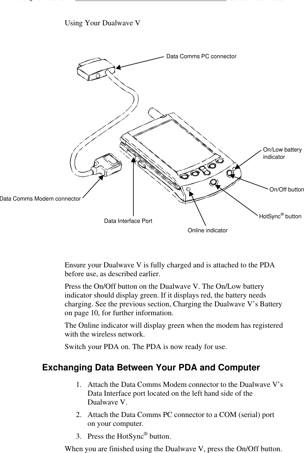 Using Your Dualwave V_______________________________________________________Dualwave V User ManualUsing Your Dualwave VEnsure your Dualwave V is fully charged and is attached to the PDAbefore use, as described earlier.Press the On/Off button on the Dualwave V. The On/Low batteryindicator should display green. If it displays red, the battery needscharging. See the previous section, Charging the Dualwave V’s Batteryon page 10, for further information.The Online indicator will display green when the modem has registeredwith the wireless network.Switch your PDA on. The PDA is now ready for use.Exchanging Data Between Your PDA and Computer1. Attach the Data Comms Modem connector to the Dualwave V’sData Interface port located on the left hand side of theDualwave V.2. Attach the Data Comms PC connector to a COM (serial) porton your computer.3. Press the HotSync® button.When you are finished using the Dualwave V, press the On/Off button.On/Off buttonOn/Low batteryindicatorHotSync® buttonOnline indicatorData Comms Modem connectorData Interface PortData Comms PC connector