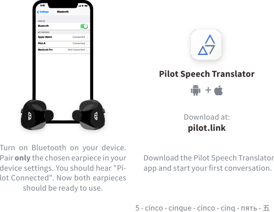 Not ConnectedMacbook ProConnectedPilot-RConnectedApple WatchMY DEVICESBluetoothSTATUSBluetoothSettings9:415 - cinco - cinque - cinco - cinq - пять - 五Pilot Speech TranslatorTurn on Bluetooth on your device. Pair only the chosen earpiece in your device settings. You should hear &quot;Pi-lot Connected&quot;. Now both earpieces should be ready to use. Download the Pilot Speech Translator app and start your rst conversation. Download at:pilot.link