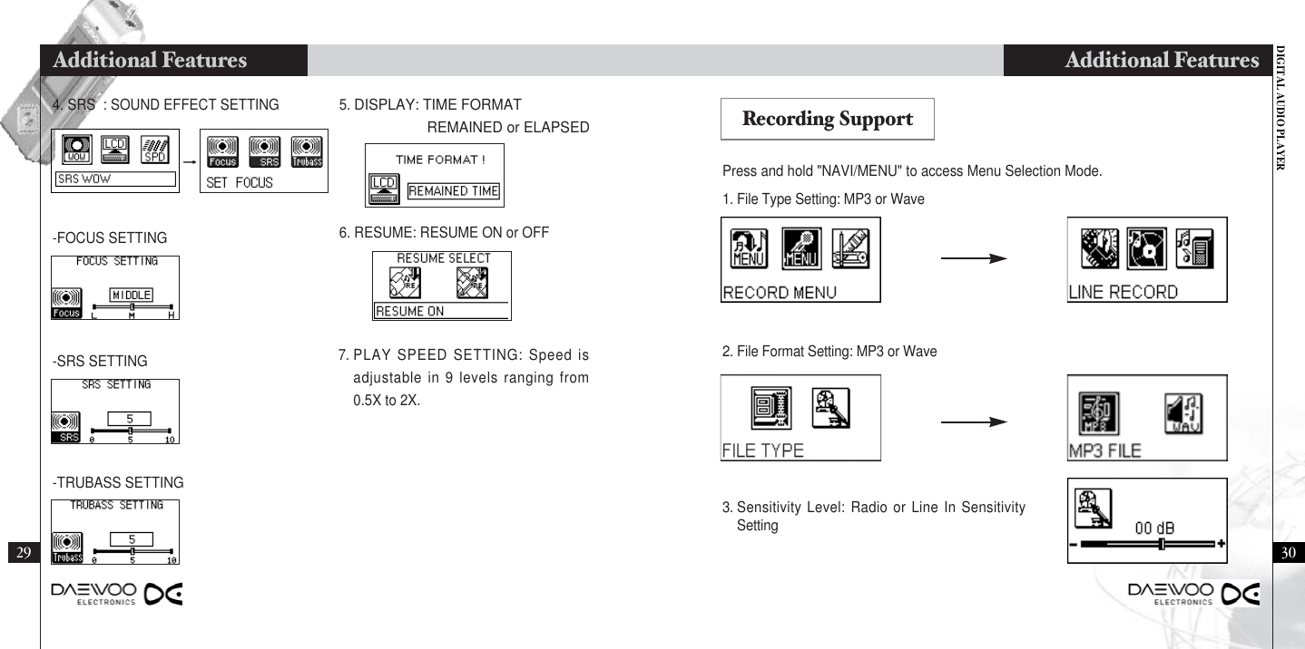 DIGITAL AUDIO PLAYERAdditional Features3029Additional FeaturesPress and hold &quot;NAVI/MENU&quot; to access Menu Selection Mode.3. Sensitivity Level: Radio or Line In SensitivitySetting2. File Format Setting: MP3 or Wave 1. File Type Setting: MP3 or Wave5. DISPLAY: TIME FORMATREMAINED or ELAPSED-FOCUS SETTING 6. RESUME: RESUME ON or OFF-SRS SETTING 7. PLAY SPEED SETTING: Speed isadjustable in 9 levels ranging from0.5X to 2X.-TRUBASS SETTING4. SRS  : SOUND EFFECT SETTING Recording Support