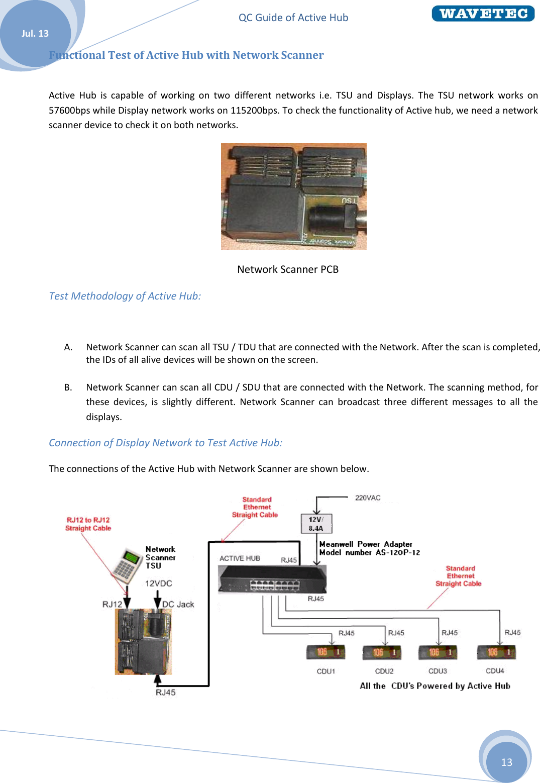 QC Guide of Active Hub    Jul. 13 13 Functional Test of Active Hub with Network Scanner  Active  Hub  is  capable  of  working  on  two  different  networks  i.e. TSU  and  Displays.  The  TSU  network  works  on 57600bps while Display network works on 115200bps. To check the functionality of Active hub, we need a network scanner device to check it on both networks.            Network Scanner PCB Test Methodology of Active Hub:  A. Network Scanner can scan all TSU / TDU that are connected with the Network. After the scan is completed, the IDs of all alive devices will be shown on the screen.   B. Network Scanner can scan all CDU / SDU that are connected with the Network. The scanning method, for these  devices,  is  slightly  different.  Network  Scanner  can  broadcast  three  different  messages  to  all  the displays.  Connection of Display Network to Test Active Hub: The connections of the Active Hub with Network Scanner are shown below.   