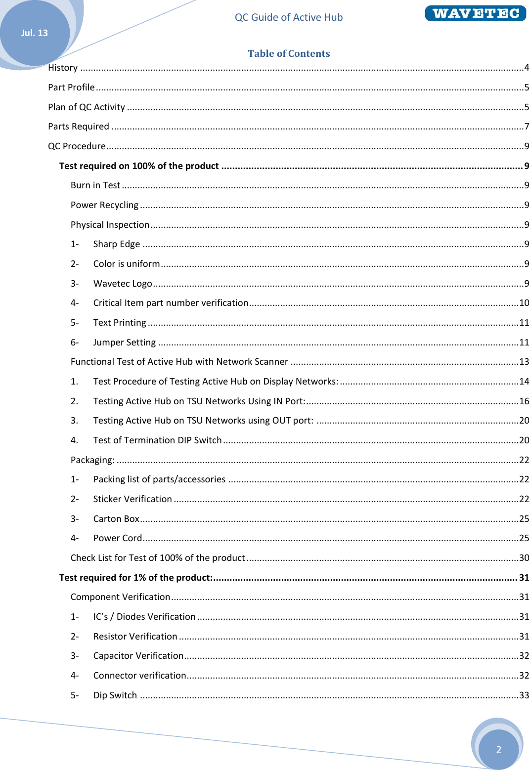 QC Guide of Active Hub    Jul. 13 2 Table of Contents History ........................................................................................................................................................................... 4 Part Profile ..................................................................................................................................................................... 5 Plan of QC Activity ......................................................................................................................................................... 5 Parts Required ............................................................................................................................................................... 7 QC Procedure ................................................................................................................................................................. 9 Test required on 100% of the product ............................................................................................................... 9 Burn in Test ........................................................................................................................................................... 9 Power Recycling .................................................................................................................................................... 9 Physical Inspection ................................................................................................................................................ 9 1-  Sharp Edge ................................................................................................................................................... 9 2-  Color is uniform ............................................................................................................................................ 9 3-  Wavetec Logo ............................................................................................................................................... 9 4-  Critical Item part number verification ........................................................................................................ 10 5-  Text Printing ............................................................................................................................................... 11 6-  Jumper Setting ........................................................................................................................................... 11 Functional Test of Active Hub with Network Scanner ........................................................................................ 13 1.  Test Procedure of Testing Active Hub on Display Networks: ..................................................................... 14 2.  Testing Active Hub on TSU Networks Using IN Port: .................................................................................. 16 3.  Testing Active Hub on TSU Networks using OUT port: .............................................................................. 20 4.  Test of Termination DIP Switch .................................................................................................................. 20 Packaging: ........................................................................................................................................................... 22 1-  Packing list of parts/accessories ................................................................................................................ 22 2-  Sticker Verification ..................................................................................................................................... 22 3-  Carton Box .................................................................................................................................................. 25 4-  Power Cord ................................................................................................................................................. 25 Check List for Test of 100% of the product ......................................................................................................... 30 Test required for 1% of the product: ................................................................................................................ 31 Component Verification ...................................................................................................................................... 31 1-  IC’s / Diodes Verification ............................................................................................................................ 31 2-  Resistor Verification ................................................................................................................................... 31 3-  Capacitor Verification................................................................................................................................. 32 4-  Connector verification ................................................................................................................................ 32 5-  Dip Switch .................................................................................................................................................. 33 