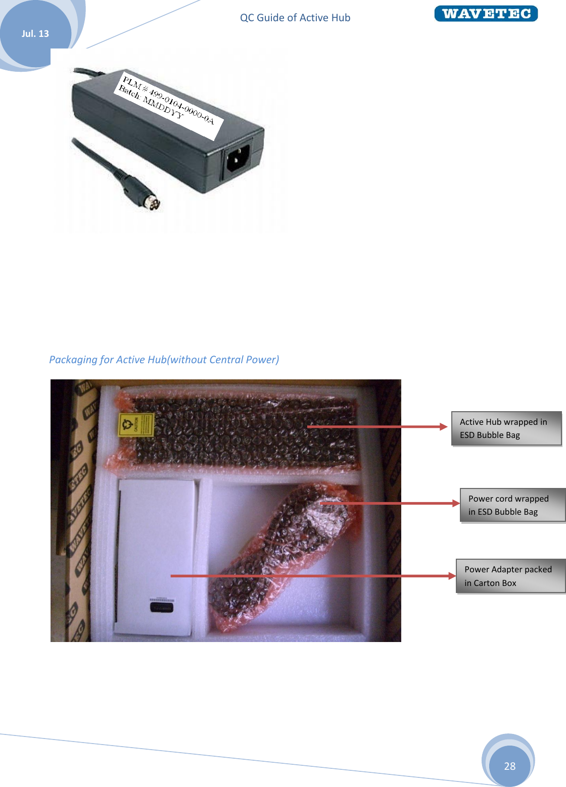 QC Guide of Active Hub    Jul. 13 28      Packaging for Active Hub(without Central Power)     Active Hub wrapped in ESD Bubble Bag Power cord wrapped in ESD Bubble Bag Power Adapter packed in Carton Box 