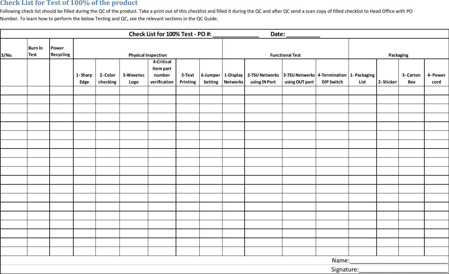 Check List for Test of 100% of the product Following check list should be filled during the QC of the product. Take a print out of this checklist and filled it during the QC and after QC send a scan copy of filled checklist to Head Office with PO Number. To learn how to perform the below Testing and QC, see the relevant sections in the QC Guide. S/No.Burn In TestPower Recycling1- Sharp Edge2- Color checking3-Wavetec Logo4-Critical Item part number verification5-Text Printing6-Jumper Setting1-Display Networks2-TSU Networks using IN Port3-TSU Networks using OUT port4-Termination DIP Switch1- Packaging List 2- Sticker 3- Carton Box 4- Power cordSignature:_____________________________Check List for 100% Test - PO #: _______________         Date: ___________Physical InspectionFunctional TestPackagingName:________________________________   