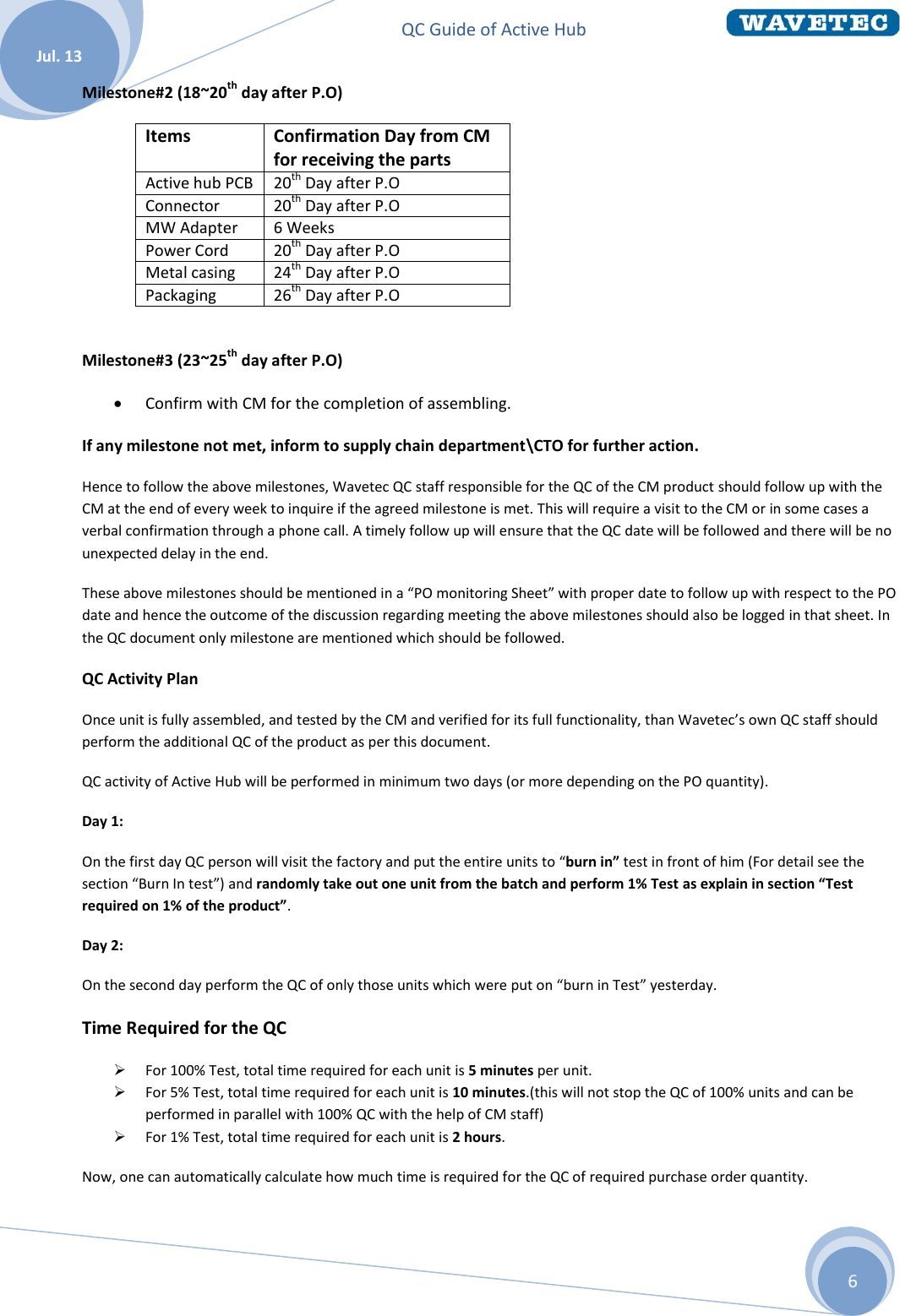 QC Guide of Active Hub    Jul. 13 6 Milestone#2 (18~20th day after P.O) Items  Confirmation Day from CM for receiving the parts Active hub PCB 20th Day after P.O Connector 20th Day after P.O MW Adapter 6 Weeks Power Cord 20th Day after P.O Metal casing 24th Day after P.O Packaging 26th Day after P.O  Milestone#3 (23~25th day after P.O)  Confirm with CM for the completion of assembling.  If any milestone not met, inform to supply chain department\CTO for further action. Hence to follow the above milestones, Wavetec QC staff responsible for the QC of the CM product should follow up with the CM at the end of every week to inquire if the agreed milestone is met. This will require a visit to the CM or in some cases a verbal confirmation through a phone call. A timely follow up will ensure that the QC date will be followed and there will be no unexpected delay in the end. These above milestones should be mentioned in a “PO monitoring Sheet” with proper date to follow up with respect to the PO date and hence the outcome of the discussion regarding meeting the above milestones should also be logged in that sheet. In the QC document only milestone are mentioned which should be followed. QC Activity Plan Once unit is fully assembled, and tested by the CM and verified for its full functionality, than Wavetec’s own QC staff should perform the additional QC of the product as per this document. QC activity of Active Hub will be performed in minimum two days (or more depending on the PO quantity). Day 1: On the first day QC person will visit the factory and put the entire units to “burn in” test in front of him (For detail see the section “Burn In test”) and randomly take out one unit from the batch and perform 1% Test as explain in section “Test required on 1% of the product”.  Day 2: On the second day perform the QC of only those units which were put on “burn in Test” yesterday. Time Required for the QC  For 100% Test, total time required for each unit is 5 minutes per unit.  For 5% Test, total time required for each unit is 10 minutes.(this will not stop the QC of 100% units and can be performed in parallel with 100% QC with the help of CM staff)  For 1% Test, total time required for each unit is 2 hours. Now, one can automatically calculate how much time is required for the QC of required purchase order quantity. 