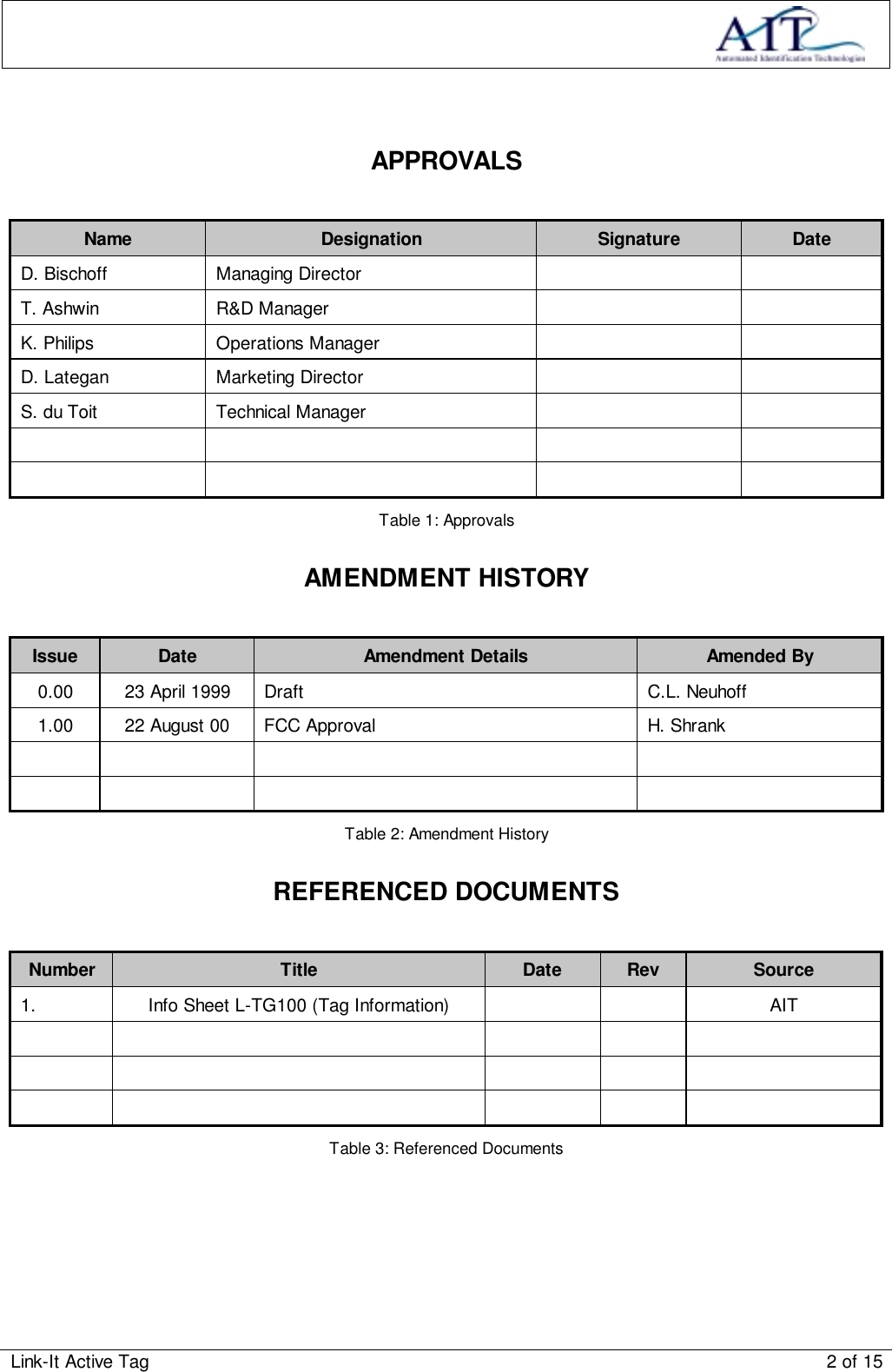 Link-It Active Tag 2 of 15APPROVALSName Designation Signature DateD. Bischoff Managing DirectorT. Ashwin R&amp;D ManagerK. Philips Operations ManagerD. Lategan Marketing DirectorS. du Toit Technical ManagerTable 1: ApprovalsAMENDMENT HISTORYIssue Date Amendment Details Amended By0.00 23 April 1999 Draft C.L. Neuhoff1.00 22 August 00 FCC Approval H. ShrankTable 2: Amendment HistoryREFERENCED DOCUMENTSNumber Title Date Rev Source1.  Info Sheet L-TG100 (Tag Information) AITTable 3: Referenced Documents