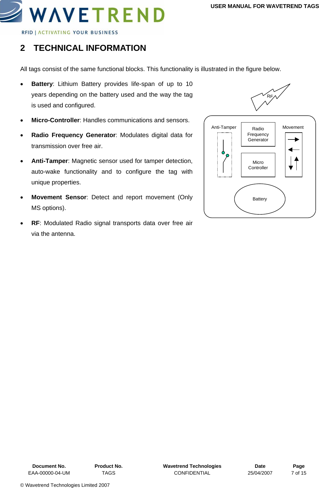 USER MANUAL FOR WAVETREND TAGS  2 TECHNICAL INFORMATION All tags consist of the same functional blocks. This functionality is illustrated in the figure below. • Battery: Lithium Battery provides life-span of up to 10 years depending on the battery used and the way the tag is used and configured. MicroControllerRadioFrequencyGeneratorBatteryRFAnti-Tamper Movement• Micro-Controller: Handles communications and sensors. • Radio Frequency Generator: Modulates digital data for transmission over free air. • Anti-Tamper: Magnetic sensor used for tamper detection,  auto-wake functionality and to configure the tag with unique properties. • Movement Sensor: Detect and report movement (Only MS options). • RF: Modulated Radio signal transports data over free air via the antenna.  Document No.  Product No.  Wavetrend Technologies  Date  Page EAA-00000-04-UM  TAGS  CONFIDENTIAL  25/04/2007  7 of 15  © Wavetrend Technologies Limited 2007  