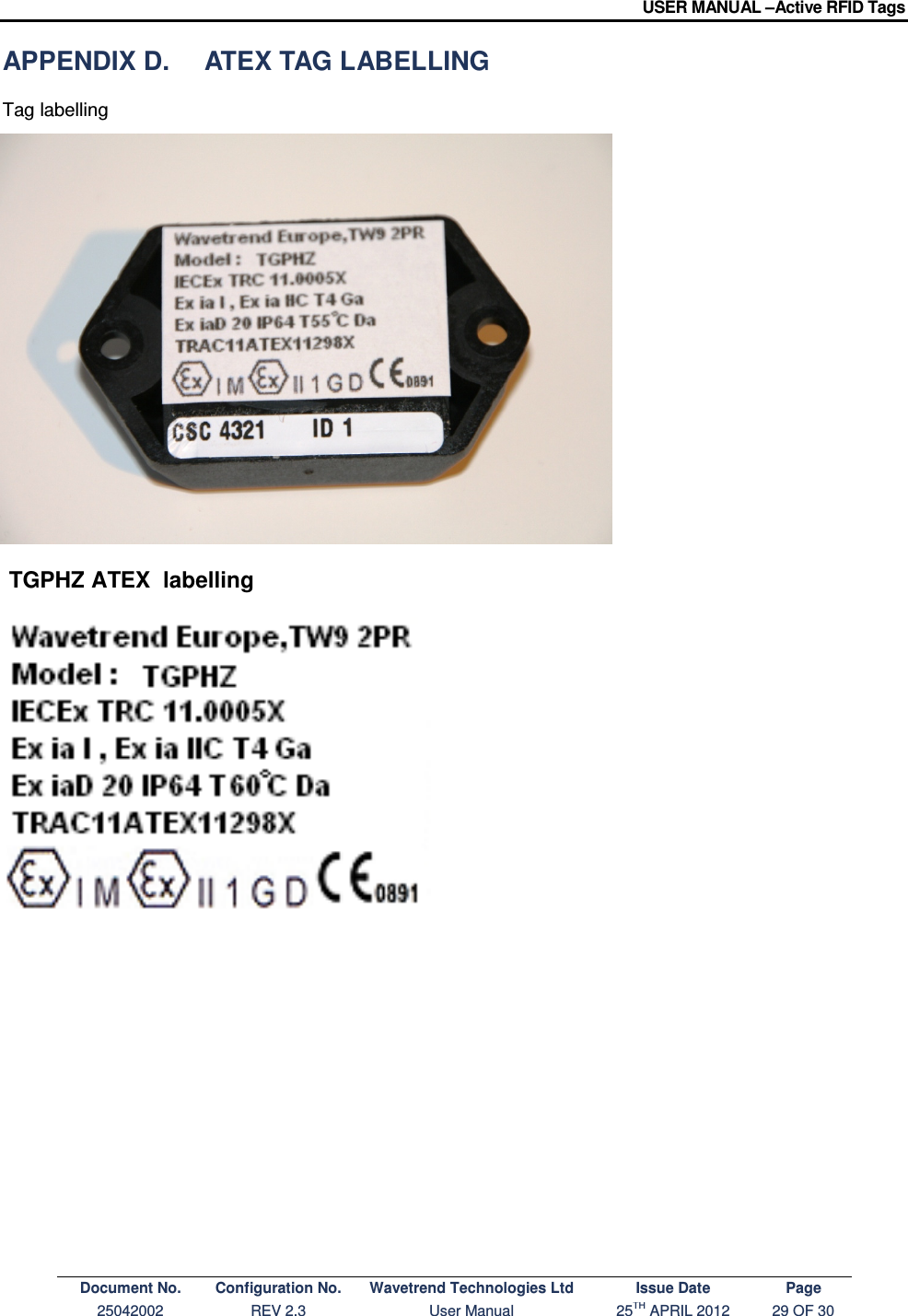 USER MANUAL –Active RFID Tags Document No. Configuration No. Wavetrend Technologies Ltd Issue Date Page 25042002  REV 2.3  User Manual  25TH APRIL 2012  29 OF 30  APPENDIX D.  ATEX TAG LABELLING Tag labelling               TGPHZ ATEX  labelling            