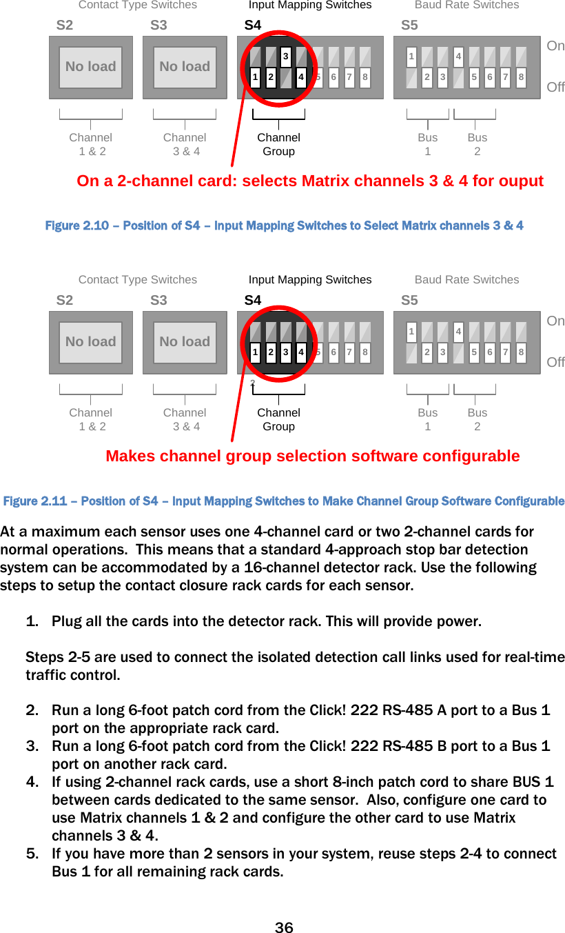 36  No loadS2 S3 S5OnOff1 2 43567812 345678Contact Type Switches Baud Rate SwitchesChannel 1 &amp; 2 Channel 3 &amp; 4 Bus 1Bus2No loadOn a 2-channel card: selects Matrix channels 3 &amp; 4 for ouputChannel GroupS4Input Mapping Switches Figure 2.10 – Position of S4 – Input Mapping Switches to Select Matrix channels 3 &amp; 4 No loadS2 S3 S5OnOff1243 5 6 7 812 345678Contact Type Switches Baud Rate SwitchesChannel 1 &amp; 2 Channel 3 &amp; 4 Bus 1Bus2No loadMakes channel group selection software configurableChannel GroupS4Input Mapping Switches2 Figure 2.11 – Position of S4 – Input Mapping Switches to Make Channel Group Software Configurable At a maximum each sensor uses one 4-channel card or two 2-channel cards for normal operations.  This means that a standard 4-approach stop bar detection system can be accommodated by a 16-channel detector rack. Use the following steps to setup the contact closure rack cards for each sensor.  1. Plug all the cards into the detector rack. This will provide power.  Steps 2-5 are used to connect the isolated detection call links used for real-time traffic control.  2. Run a long 6-foot patch cord from the Click! 222 RS-485 A port to a Bus 1 port on the appropriate rack card.  3. Run a long 6-foot patch cord from the Click! 222 RS-485 B port to a Bus 1 port on another rack card. 4. If using 2-channel rack cards, use a short 8-inch patch cord to share BUS 1 between cards dedicated to the same sensor.  Also, configure one card to use Matrix channels 1 &amp; 2 and configure the other card to use Matrix channels 3 &amp; 4.  5. If you have more than 2 sensors in your system, reuse steps 2-4 to connect Bus 1 for all remaining rack cards.  