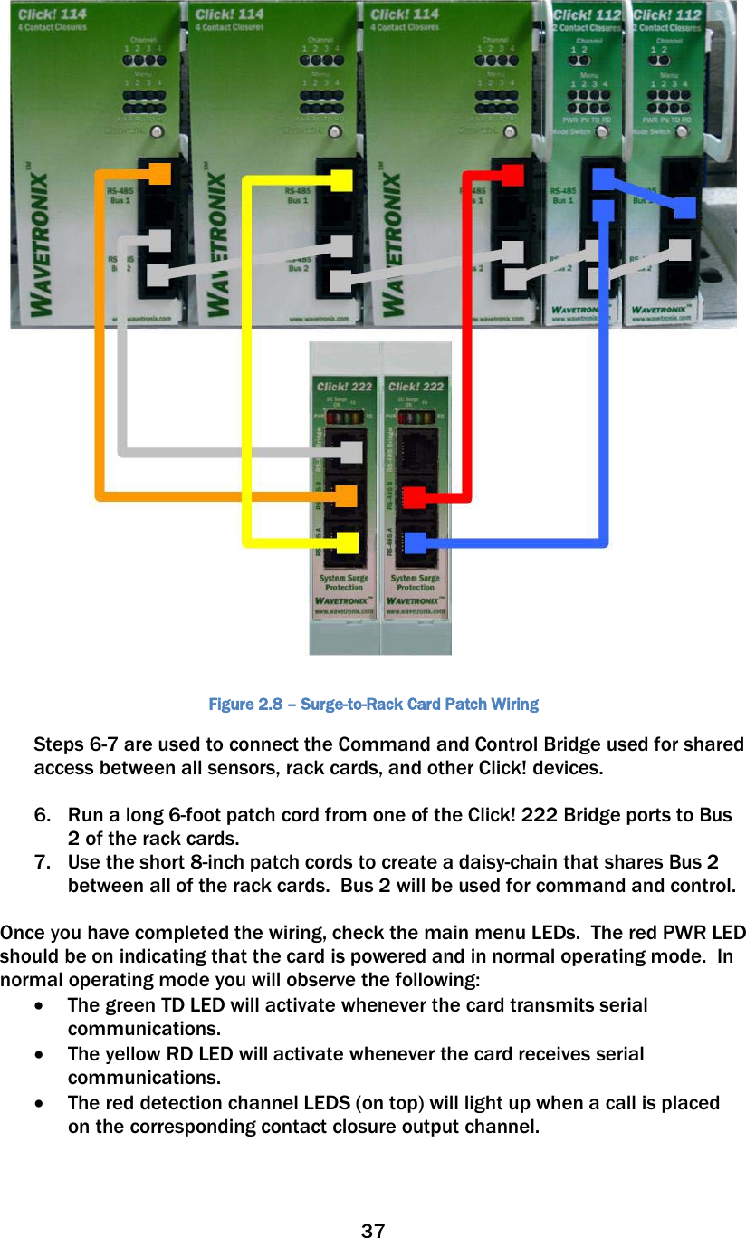 37     Figure 2.8 – Surge-to-Rack Card Patch Wiring Steps 6-7 are used to connect the Command and Control Bridge used for shared access between all sensors, rack cards, and other Click! devices.  6. Run a long 6-foot patch cord from one of the Click! 222 Bridge ports to Bus 2 of the rack cards.  7. Use the short 8-inch patch cords to create a daisy-chain that shares Bus 2 between all of the rack cards.  Bus 2 will be used for command and control.  Once you have completed the wiring, check the main menu LEDs.  The red PWR LED should be on indicating that the card is powered and in normal operating mode.  In normal operating mode you will observe the following: • The green TD LED will activate whenever the card transmits serial communications. • The yellow RD LED will activate whenever the card receives serial communications. • The red detection channel LEDS (on top) will light up when a call is placed on the corresponding contact closure output channel.  