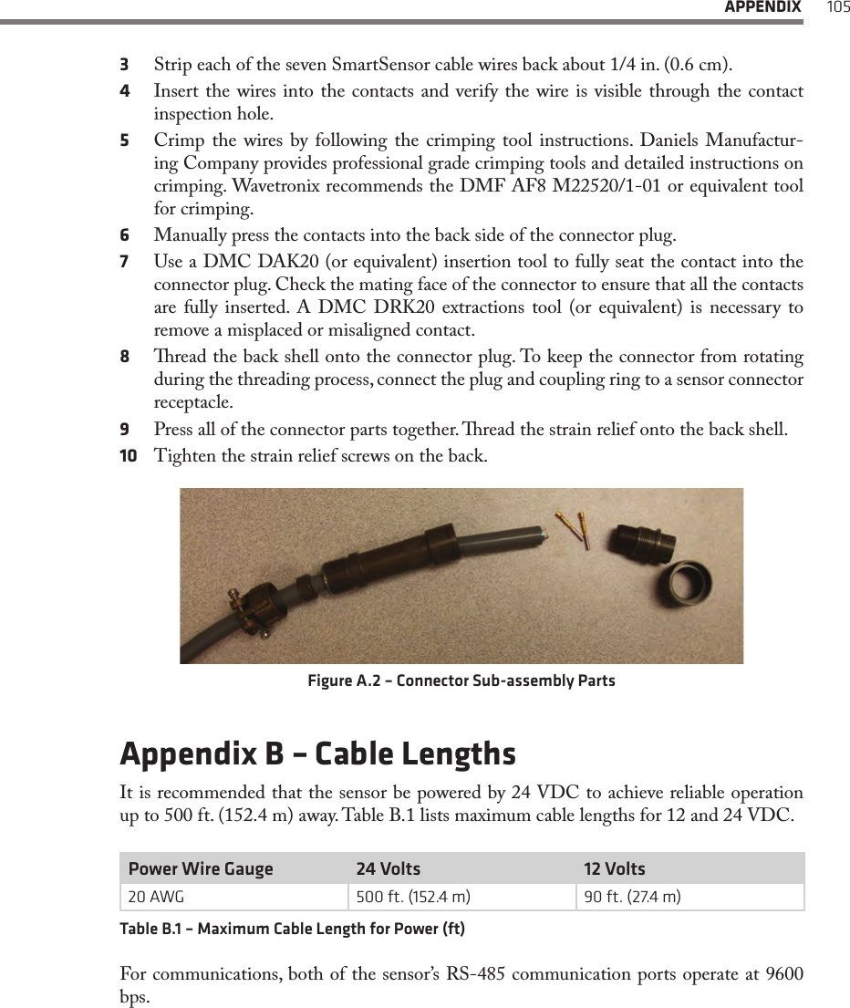  APPENDIX 1053  Strip each of the seven SmartSensor cable wires back about 1/4 in. (0.6 cm).4  Insert the wires into the contacts and verify the wire is visible through the contact inspection hole. 5  Crimp the wires by following the crimping tool instructions. Daniels Manufactur-ing Company provides professional grade crimping tools and detailed instructions on crimping. Wavetronix recommends the DMF AF8 M22520/1-01 or equivalent tool for crimping. 6  Manually press the contacts into the back side of the connector plug.7  Use a DMC DAK20 (or equivalent) insertion tool to fully seat the contact into the connector plug. Check the mating face of the connector to ensure that all the contacts are fully inserted. A DMC DRK20 extractions tool (or equivalent) is necessary to remove a misplaced or misaligned contact. 8  read the back shell onto the connector plug. To keep the connector from rotating during the threading process, connect the plug and coupling ring to a sensor connector receptacle.9  Press all of the connector parts together. read the strain relief onto the back shell. 10  Tighten the strain relief screws on the back.Figure A.2 – Connector Sub-assembly PartsAppendix B – Cable LengthsIt is recommended that the sensor be powered by 24 VDC to achieve reliable operation up to 500 ft. (152.4 m) away. Table B.1 lists maximum cable lengths for 12 and 24 VDC.Power Wire Gauge 24 Volts 12 Volts20 AWG 500 ft. (152.4 m) 90 ft. (27.4 m)Table B.1 – Maximum Cable Length for Power (ft)For communications, both of the sensor’s RS-485 communication ports operate at 9600 bps.