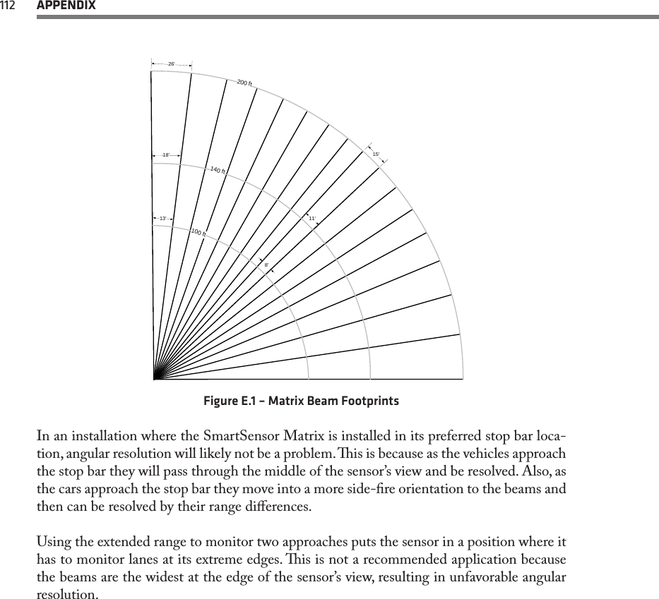 112  APPENDIX200 ft140 ft100 ft26&apos;15&apos;18&apos;11&apos;13&apos;8&apos;Figure E.1 – Matrix Beam FootprintsIn an installation where the SmartSensor Matrix is installed in its preferred stop bar loca-tion, angular resolution will likely not be a problem. is is because as the vehicles approach the stop bar they will pass through the middle of the sensor’s view and be resolved. Also, as the cars approach the stop bar they move into a more side-re orientation to the beams and then can be resolved by their range dierences.Using the extended range to monitor two approaches puts the sensor in a position where it has to monitor lanes at its extreme edges. is is not a recommended application because the beams are the widest at the edge of the sensor’s view, resulting in unfavorable angular resolution. 