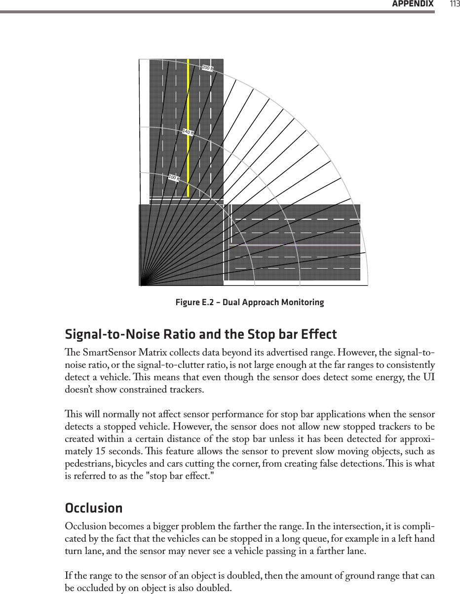  APPENDIX 113200 ft140 ft100 ftFigure E.2 – Dual Approach MonitoringSignal-to-Noise Ratio and the Stop bar Eecte SmartSensor Matrix collects data beyond its advertised range. However, the signal-to-noise ratio, or the signal-to-clutter ratio, is not large enough at the far ranges to consistently detect a vehicle. is means that even though the sensor does detect some energy, the UI doesn’t show constrained trackers.is will normally not aect sensor performance for stop bar applications when the sensor detects a stopped vehicle. However, the sensor does not allow new stopped trackers to be created within a certain distance of the stop bar unless it has been detected for approxi-mately 15 seconds. is feature allows the sensor to prevent slow moving objects, such as pedestrians, bicycles and cars cutting the corner, from creating false detections. is is what is referred to as the &quot;stop bar eect.&quot;OcclusionOcclusion becomes a bigger problem the farther the range. In the intersection, it is compli-cated by the fact that the vehicles can be stopped in a long queue, for example in a left hand turn lane, and the sensor may never see a vehicle passing in a farther lane.If the range to the sensor of an object is doubled, then the amount of ground range that can be occluded by on object is also doubled. 