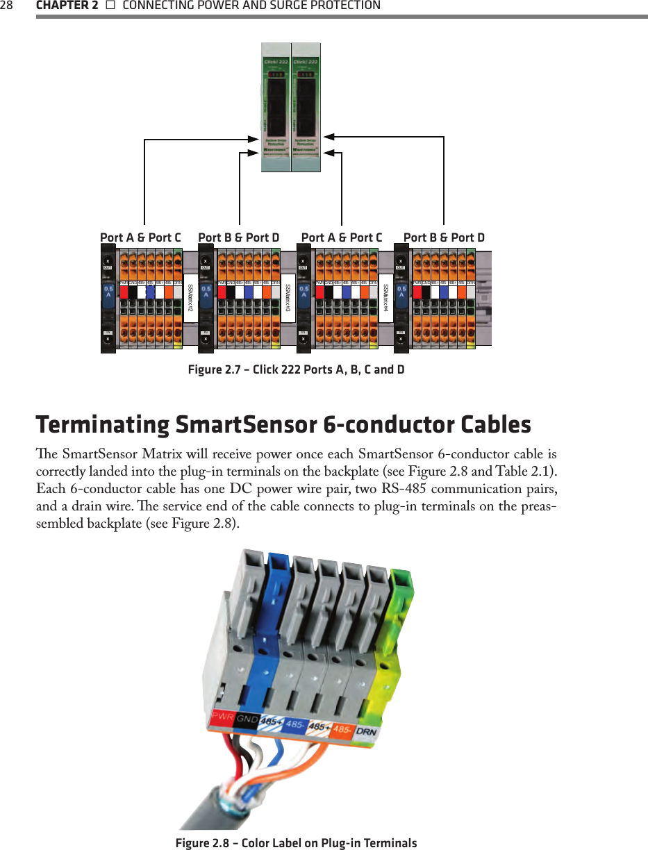 28  CHAPTER 2   CONNECTING POWER AND SURGE PROTECTIONSSMatrix #2xxPWRxxDRNxxGNDxx485+xx485-xx485+xx485-xOUTxINxxPWRxxDRNxxGNDxx485+xx485-xx485+xx485-xOUTxINSSMatrix #3xxPWRxxDRNxxGNDxx485+xx485-xx485+xx485-xOUTxINSSMatrix #4xxPWRxxDRNxxGNDxx485+xx485-xx485+xx485-xOUTxINPort A &amp; Port C Port B &amp; Port D Port A &amp; Port C Port B &amp; Port DFigure 2.7 – Click 222 Ports A, B, C and DTerminating SmartSensor 6-conductor Cablese SmartSensor Matrix will receive power once each SmartSensor 6-conductor cable is correctly landed into the plug-in terminals on the backplate (see Figure 2.8 and Table 2.1). Each 6-conductor cable has one DC power wire pair, two RS-485 communication pairs, and a drain wire. e service end of the cable connects to plug-in terminals on the preas-sembled backplate (see Figure 2.8).Figure 2.8 – Color Label on Plug-in Terminals