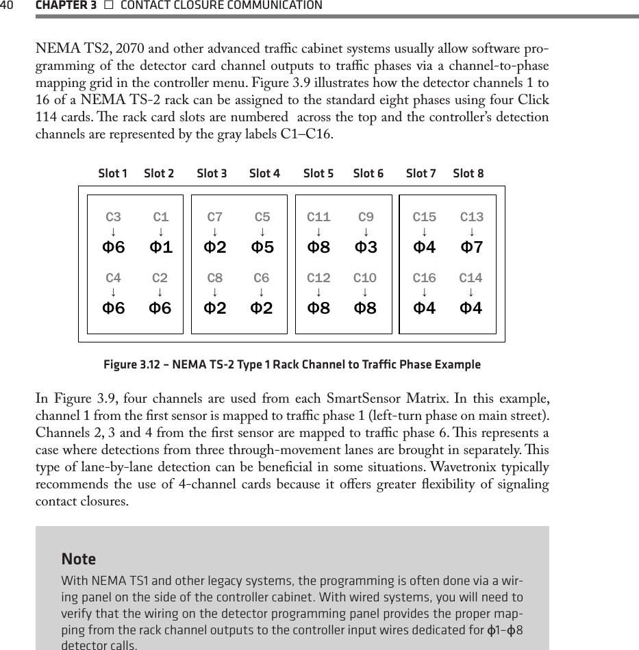 40  CHAPTER 3   CONTACT CLOSURE COMMUNICATIONNEMA TS2, 2070 and other advanced trac cabinet systems usually allow software pro-gramming of the detector card channel outputs to trac phases via a channel-to-phase mapping grid in the controller menu. Figure 3.9 illustrates how the detector channels 1 to 16 of a NEMA TS-2 rack can be assigned to the standard eight phases using four Click 114 cards. e rack card slots are numbered  across the top and the controller’s detection channels are represented by the gray labels C1–C16.C1↓Φ1C2↓Φ6C3↓Φ6C4↓Φ6C5↓Φ5C6↓Φ2C7↓Φ2C8↓Φ2C9↓Φ3C10↓Φ8C11↓Φ8C12↓Φ8C13↓Φ7C14↓Φ4C15↓Φ4C16↓Φ4Slot 1 Slot 2 Slot 3 Slot 4 Slot 5 Slot 6 Slot 7 Slot 8Figure 3.12 – NEMA TS-2 Type 1 Rack Channel to Trac Phase ExampleIn Figure 3.9, four channels are used from each SmartSensor Matrix. In this example, channel 1 from the rst sensor is mapped to trac phase 1 (left-turn phase on main street). Channels 2, 3 and 4 from the rst sensor are mapped to trac phase 6. is represents a case where detections from three through-movement lanes are brought in separately. is type of lane-by-lane detection can be benecial in some situations. Wavetronix typically recommends the use of 4-channel cards because it oers greater exibility of signaling contact closures.NoteWith NEMA TS1 and other legacy systems, the programming is often done via a wir-ing panel on the side of the controller cabinet. With wired systems, you will need to verify that the wiring on the detector programming panel provides the proper map-ping from the rack channel outputs to the controller input wires dedicated for ф1–ф8 detector calls. 