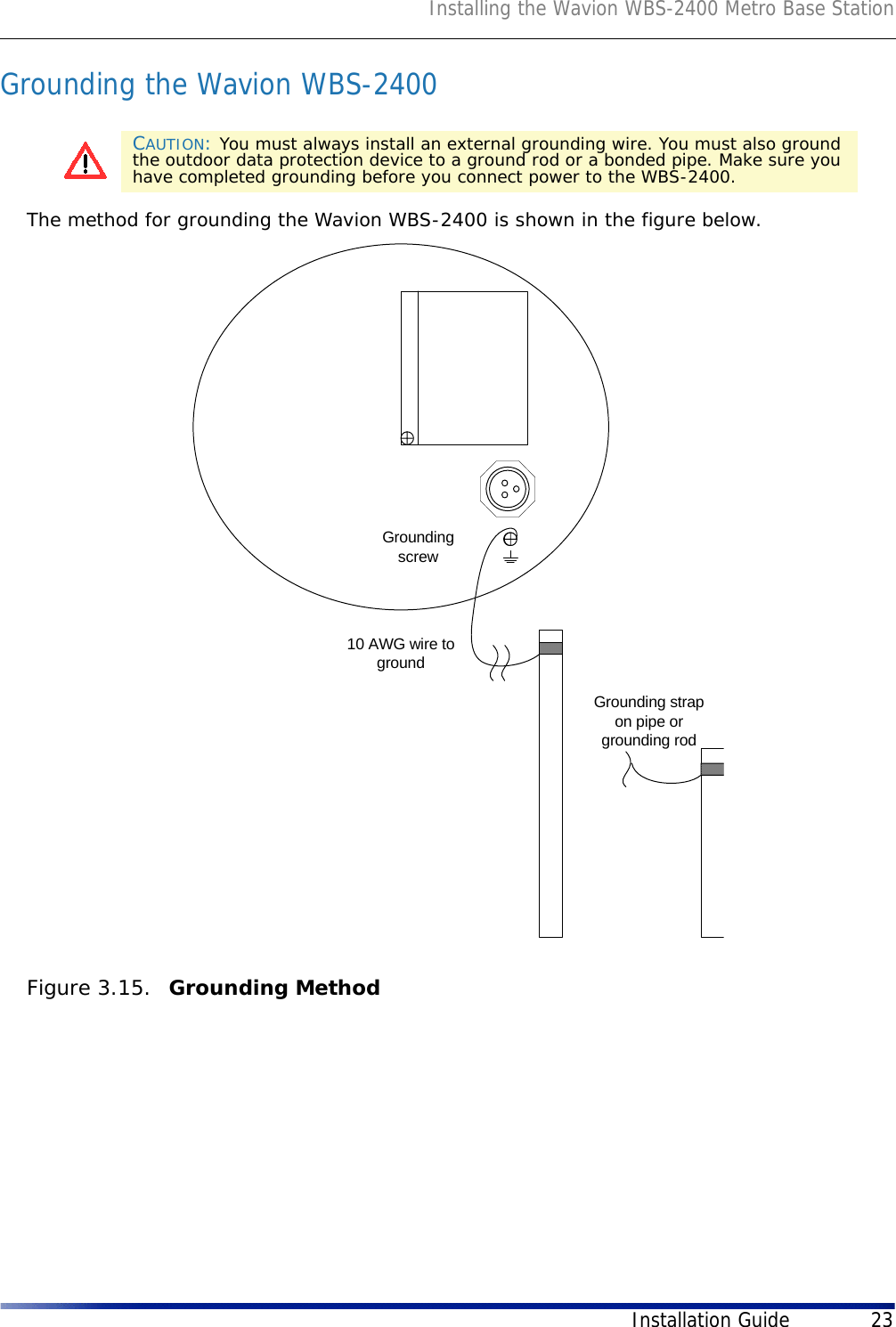 Installing the Wavion WBS-2400 Metro Base StationInstallation Guide 23Grounding the Wavion WBS-2400The method for grounding the Wavion WBS-2400 is shown in the figure below. Figure 3.15.  Grounding MethodCAUTION: You must always install an external grounding wire. You must also ground the outdoor data protection device to a ground rod or a bonded pipe. Make sure you have completed grounding before you connect power to the WBS-2400.Groundingscrew10 AWG wire togroundGrounding strapon pipe orgrounding rod