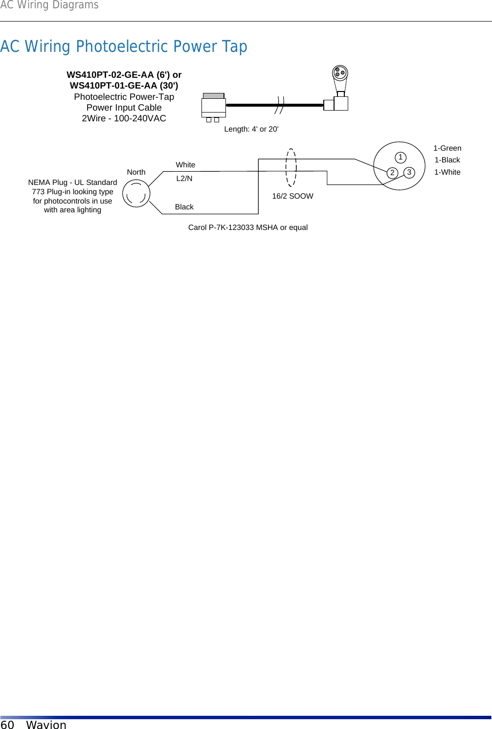 AC Wiring Diagrams60 WavionAC Wiring Photoelectric Power Tap 2311-Green1-Black1-WhiteWS410PT-02-GE-AA (6&apos;) orWS410PT-01-GE-AA (30&apos;)Photoelectric Power-TapPower Input Cable2Wire - 100-240VACNEMA Plug - UL Standard773 Plug-in looking typefor photocontrols in usewith area lightingLength: 4&apos; or 20&apos;16/2 SOOWCarol P-7K-123033 MSHA or equalBlackWhiteL2/NNorth