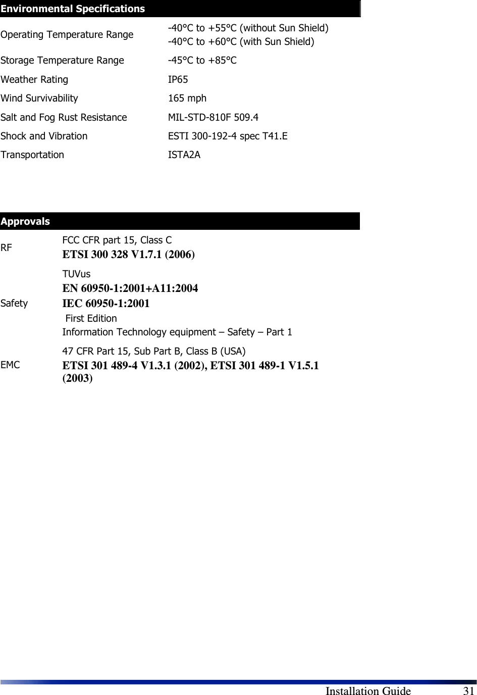        Installation Guide    31 Environmental Specifications Operating Temperature Range   -40°C to +55°C (without Sun Shield) -40°C to +60°C (with Sun Shield)  Storage Temperature Range  -45°C to +85°C Weather Rating  IP65 Wind Survivability  165 mph Salt and Fog Rust Resistance  MIL-STD-810F 509.4 Shock and Vibration  ESTI 300-192-4 spec T41.E Transportation  ISTA2A       Approvals RF  FCC CFR part 15, Class C ETSI 300 328 V1.7.1 (2006) Safety TUVus EN 60950-1:2001+A11:2004 IEC 60950-1:2001  First Edition Information Technology equipment – Safety – Part 1 EMC 47 CFR Part 15, Sub Part B, Class B (USA) ETSI 301 489-4 V1.3.1 (2002), ETSI 301 489-1 V1.5.1 (2003) 