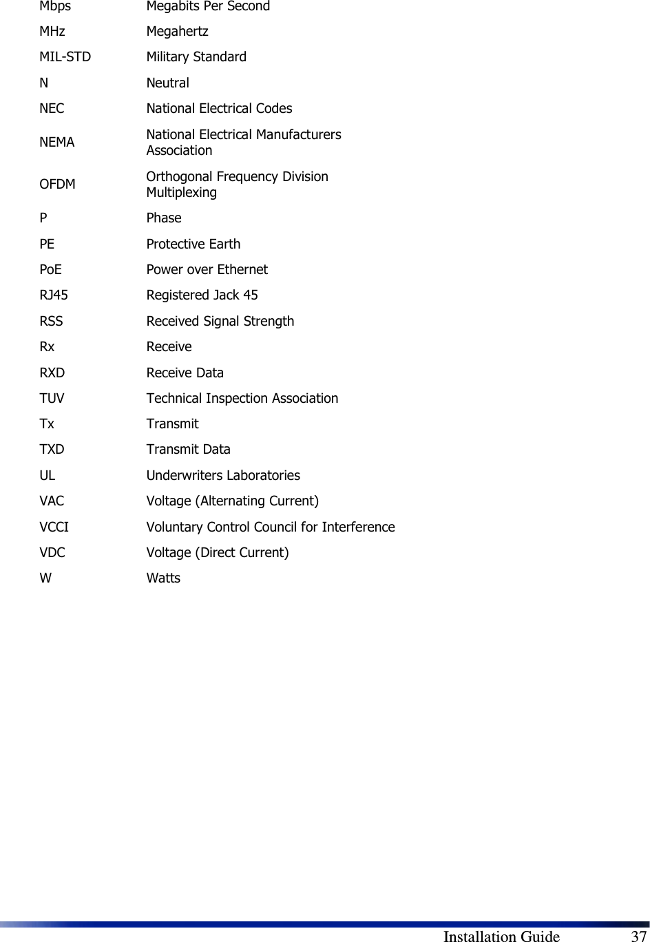        Installation Guide    37 Mbps  Megabits Per Second MHz  Megahertz MIL-STD  Military Standard N  Neutral NEC  National Electrical Codes NEMA  National Electrical Manufacturers Association OFDM  Orthogonal Frequency Division Multiplexing P  Phase PE  Protective Earth PoE  Power over Ethernet RJ45  Registered Jack 45 RSS  Received Signal Strength Rx  Receive RXD  Receive Data TUV  Technical Inspection Association Tx  Transmit TXD  Transmit Data UL  Underwriters Laboratories VAC  Voltage (Alternating Current) VCCI  Voluntary Control Council for Interference VDC  Voltage (Direct Current) W  Watts  