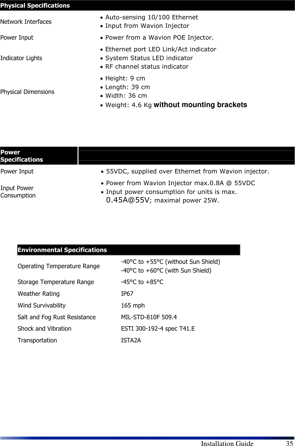        Installation Guide    35       Environmental Specifications Operating Temperature Range   -40°C to +55°C (without Sun Shield) -40°C to +60°C (with Sun Shield)  Storage Temperature Range  -45°C to +85°C Weather Rating  IP67 Wind Survivability  165 mph Salt and Fog Rust Resistance  MIL-STD-810F 509.4 Shock and Vibration  ESTI 300-192-4 spec T41.E Transportation  ISTA2A           Physical Specifications Network Interfaces  • Auto-sensing 10/100 Ethernet • Input from Wavion Injector Power Input  • Power from a Wavion POE Injector. Indicator Lights • Ethernet port LED Link/Act indicator • System Status LED indicator • RF channel status indicator Physical Dimensions • Height: 9 cm • Length: 39 cm • Width: 36 cm • Weight: 4.6 Kg without mounting brackets    Power Specifications •  Power Input  • 55VDC, supplied over Ethernet from Wavion injector. Input Power Consumption • Power from Wavion Injector max.0.8A @ 55VDC • Input power consumption for units is max. 0.45A@55V; maximal power 25W.    