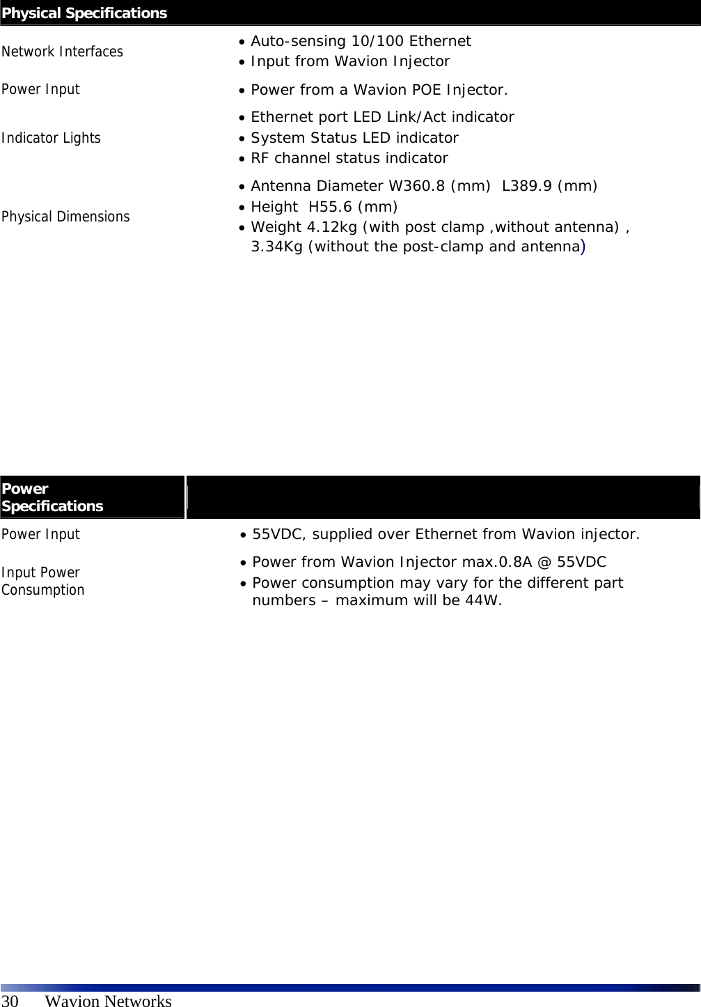   30      Wavion Networks                          Physical Specifications Network Interfaces   Auto-sensing 10/100 Ethernet  Input from Wavion Injector Power Input   Power from a Wavion POE Injector. Indicator Lights  Ethernet port LED Link/Act indicator  System Status LED indicator  RF channel status indicator Physical Dimensions  Antenna Diameter W360.8 (mm)  L389.9 (mm)  Height  H55.6 (mm)  Weight 4.12kg (with post clamp ,without antenna) , 3.34Kg (without the post-clamp and antenna) Power Specifications   Power Input   55VDC, supplied over Ethernet from Wavion injector. Input Power Consumption  Power from Wavion Injector max.0.8A @ 55VDC  Power consumption may vary for the different part numbers – maximum will be 44W.   