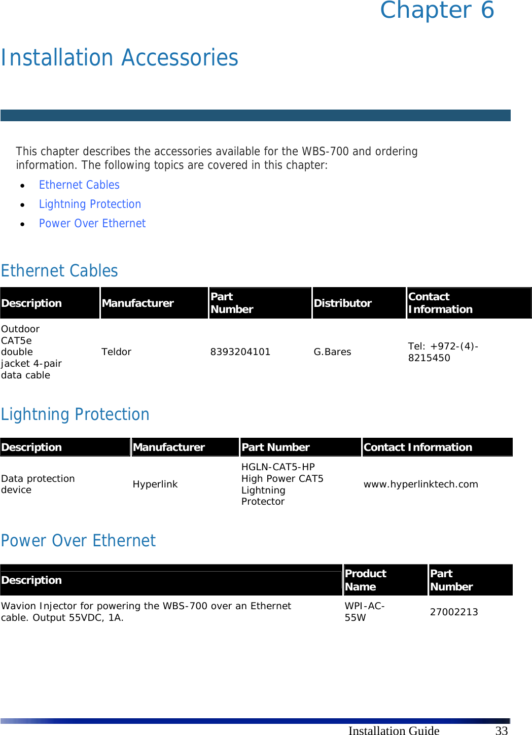      Installation Guide  33 Chapter 6  Installation Accessories      This chapter describes the accessories available for the WBS-700 and ordering information. The following topics are covered in this chapter:  Ethernet Cables  Lightning Protection   Power Over Ethernet   Ethernet Cables Description  Manufacturer  Part Number  Distributor  Contact Information Outdoor CAT5e double jacket 4-pair data cable Teldor 8393204101 G.Bares Tel: +972-(4)-8215450 Lightning Protection Description  Manufacturer  Part Number  Contact Information Data protection device  Hyperlink HGLN-CAT5-HP High Power CAT5 Lightning Protector www.hyperlinktech.com Power Over Ethernet Description  Product Name  Part Number Wavion Injector for powering the WBS-700 over an Ethernet cable. Output 55VDC, 1A.  WPI-AC-55W  27002213 