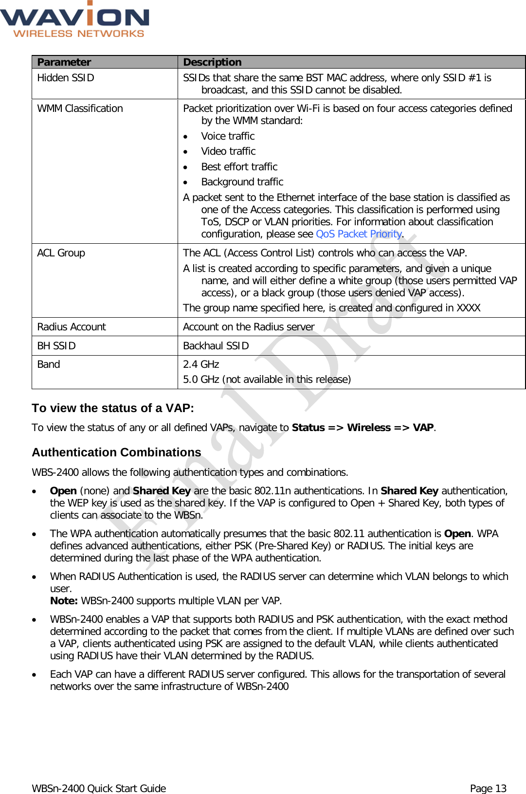  WBSn-2400 Quick Start Guide Page 13 Parameter Description Hidden SSID SSIDs that share the same BST MAC address, where only SSID #1 is broadcast, and this SSID cannot be disabled. WMM Classification Packet prioritization over Wi-Fi is based on four access categories defined by the WMM standard: • Voice traffic • Video traffic • Best effort traffic • Background traffic A packet sent to the Ethernet interface of the base station is classified as one of the Access categories. This classification is performed using ToS, DSCP or VLAN priorities. For information about classification configuration, please see QoS Packet Priority. ACL Group The ACL (Access Control List) controls who can access the VAP.  A list is created according to specific parameters, and given a unique name, and will either define a white group (those users permitted VAP access), or a black group (those users denied VAP access). The group name specified here, is created and configured in XXXX Radius Account Account on the Radius server BH SSID Backhaul SSID Band 2.4 GHz 5.0 GHz (not available in this release) To view the status of a VAP: To view the status of any or all defined VAPs, navigate to Status =&gt; Wireless =&gt; VAP. Authentication Combinations WBS-2400 allows the following authentication types and combinations. • Open (none) and Shared Key are the basic 802.11n authentications. In Shared Key authentication, the WEP key is used as the shared key. If the VAP is configured to Open + Shared Key, both types of clients can associate to the WBSn.  • The WPA authentication automatically presumes that the basic 802.11 authentication is Open. WPA defines advanced authentications, either PSK (Pre-Shared Key) or RADIUS. The initial keys are determined during the last phase of the WPA authentication. • When RADIUS Authentication is used, the RADIUS server can determine which VLAN belongs to which user.  Note: WBSn-2400 supports multiple VLAN per VAP. • WBSn-2400 enables a VAP that supports both RADIUS and PSK authentication, with the exact method determined according to the packet that comes from the client. If multiple VLANs are defined over such a VAP, clients authenticated using PSK are assigned to the default VLAN, while clients authenticated using RADIUS have their VLAN determined by the RADIUS. • Each VAP can have a different RADIUS server configured. This allows for the transportation of several networks over the same infrastructure of WBSn-2400 