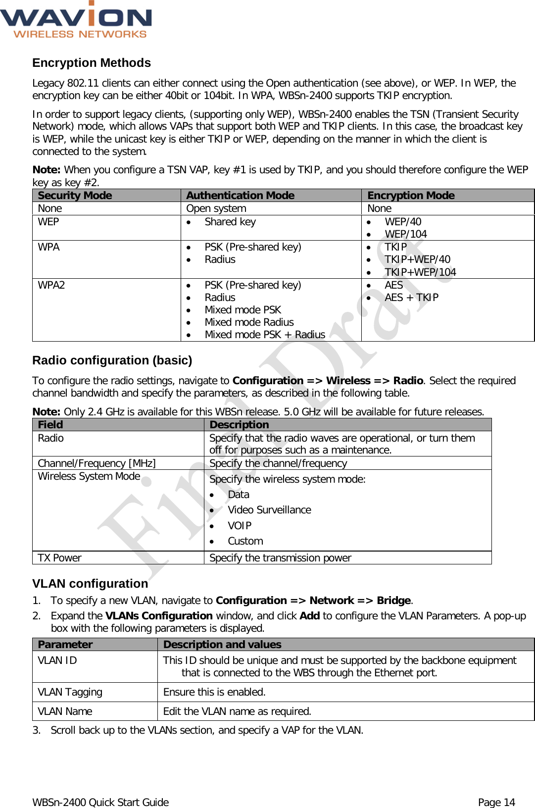  WBSn-2400 Quick Start Guide Page 14 Encryption Methods Legacy 802.11 clients can either connect using the Open authentication (see above), or WEP. In WEP, the encryption key can be either 40bit or 104bit. In WPA, WBSn-2400 supports TKIP encryption.  In order to support legacy clients, (supporting only WEP), WBSn-2400 enables the TSN (Transient Security Network) mode, which allows VAPs that support both WEP and TKIP clients. In this case, the broadcast key is WEP, while the unicast key is either TKIP or WEP, depending on the manner in which the client is connected to the system.  Note: When you configure a TSN VAP, key #1 is used by TKIP, and you should therefore configure the WEP key as key #2. Security Mode Authentication Mode Encryption Mode None Open system None WEP • Shared key • WEP/40 • WEP/104 WPA • PSK (Pre-shared key) • Radius • TKIP • TKIP+WEP/40 • TKIP+WEP/104 WPA2 • PSK (Pre-shared key) • Radius • Mixed mode PSK • Mixed mode Radius • Mixed mode PSK + Radius • AES • AES + TKIP  Radio configuration (basic) To configure the radio settings, navigate to Configuration =&gt; Wireless =&gt; Radio. Select the required channel bandwidth and specify the parameters, as described in the following table. Note: Only 2.4 GHz is available for this WBSn release. 5.0 GHz will be available for future releases.  Field Description Radio Specify that the radio waves are operational, or turn them off for purposes such as a maintenance. Channel/Frequency [MHz] Specify the channel/frequency Wireless System Mode Specify the wireless system mode: • Data • Video Surveillance • VOIP  • Custom TX Power Specify the transmission power VLAN configuration 1. To specify a new VLAN, navigate to Configuration =&gt; Network =&gt; Bridge. 2. Expand the VLANs Configuration window, and click Add to configure the VLAN Parameters. A pop-up box with the following parameters is displayed. Parameter Description and values VLAN ID This ID should be unique and must be supported by the backbone equipment that is connected to the WBS through the Ethernet port. VLAN Tagging Ensure this is enabled.  VLAN Name Edit the VLAN name as required. 3. Scroll back up to the VLANs section, and specify a VAP for the VLAN. 